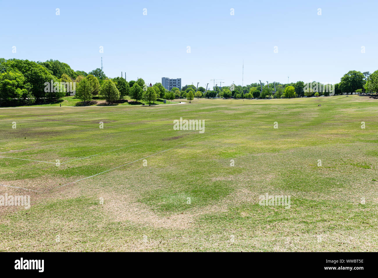 View in Piedmont Park in Georgia downtown with scenic green trees, grass lawn in summer at Atlanta, Georgia Stock Photo