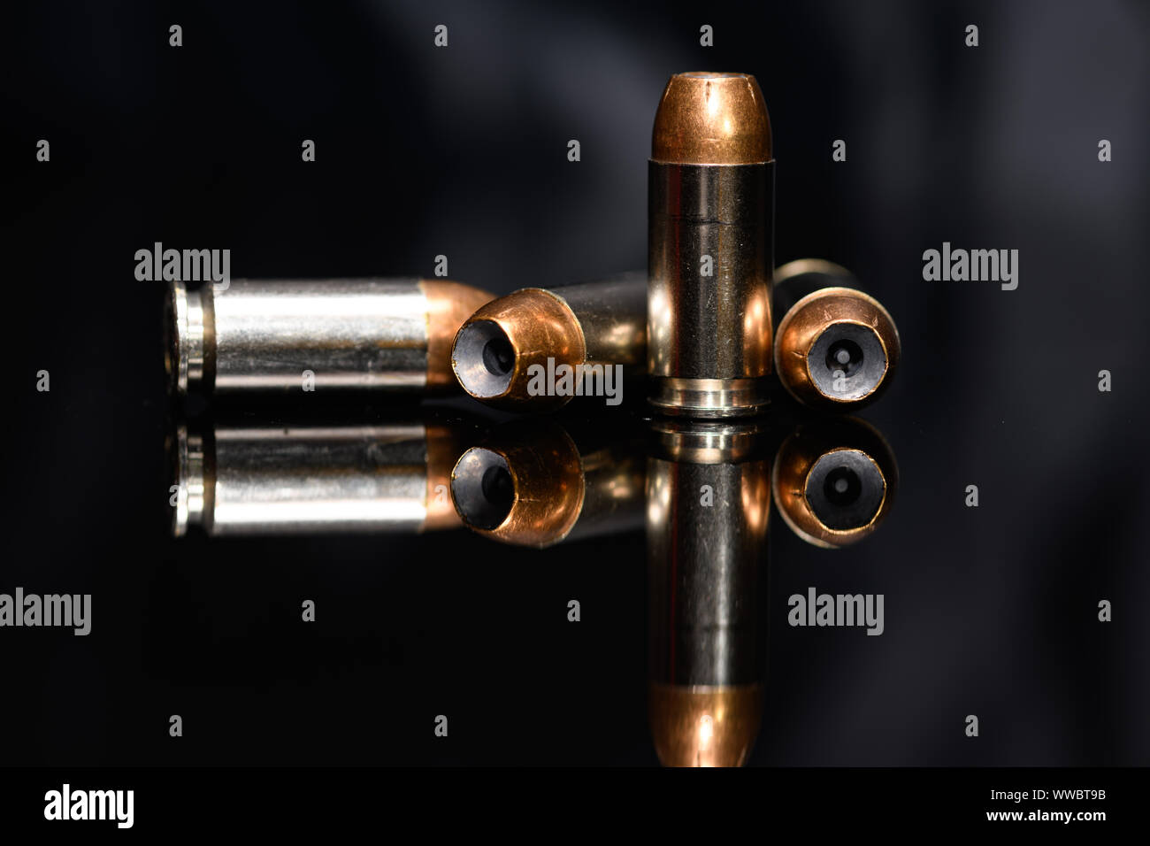 40 Caliber hollow point ammunition on black background Stock Photo