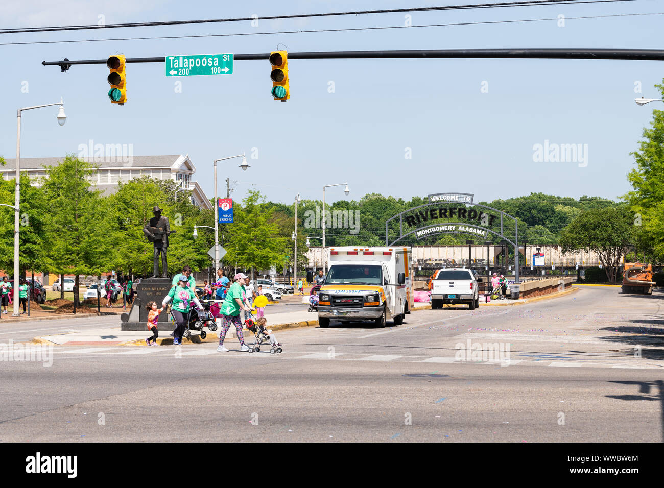 Montgomery, USA April 21, 2018 Riverfront park buildings on road street during day in capital