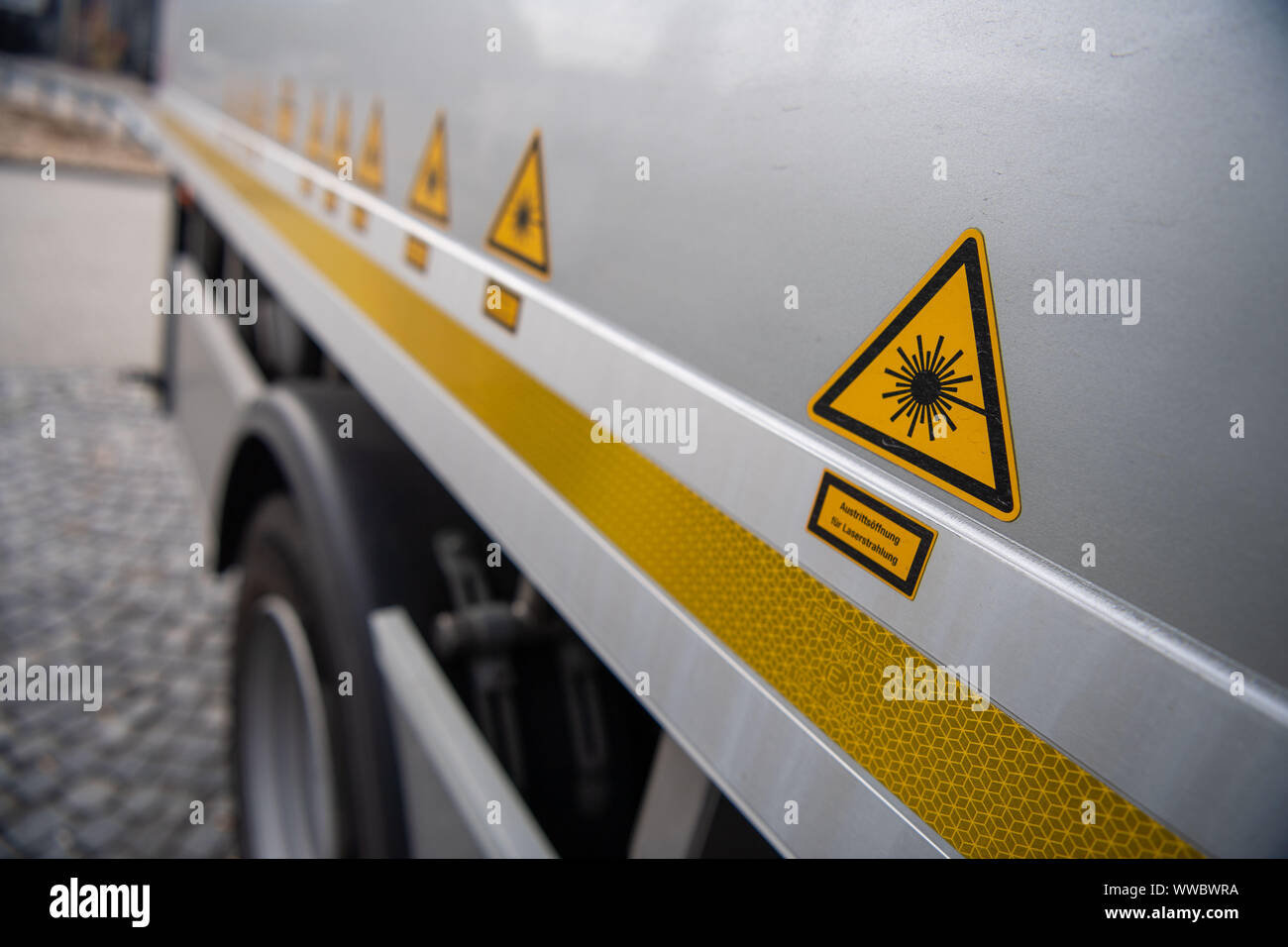 Greding, Germany. 12th Sep, 2019. Laser beam signs are mounted on a truck  to check the load capacity of roads. All state roads in Bavaria are  measured for their bearing capacity. The