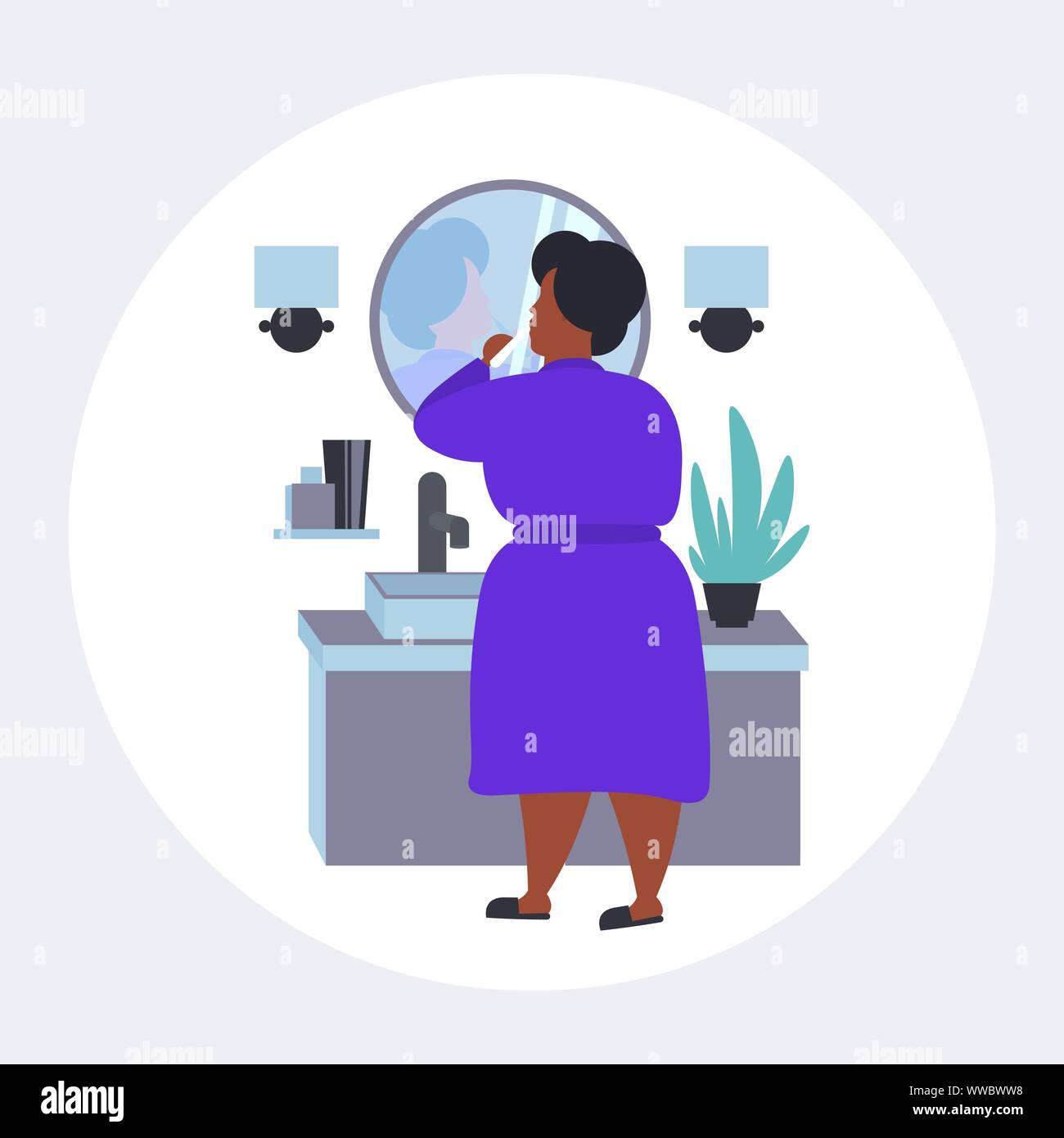 fat obese woman brushing teeth overweight african american girl holding toothbrush looking at mirror obesity concept modern bathroom interior flat Stock Vector