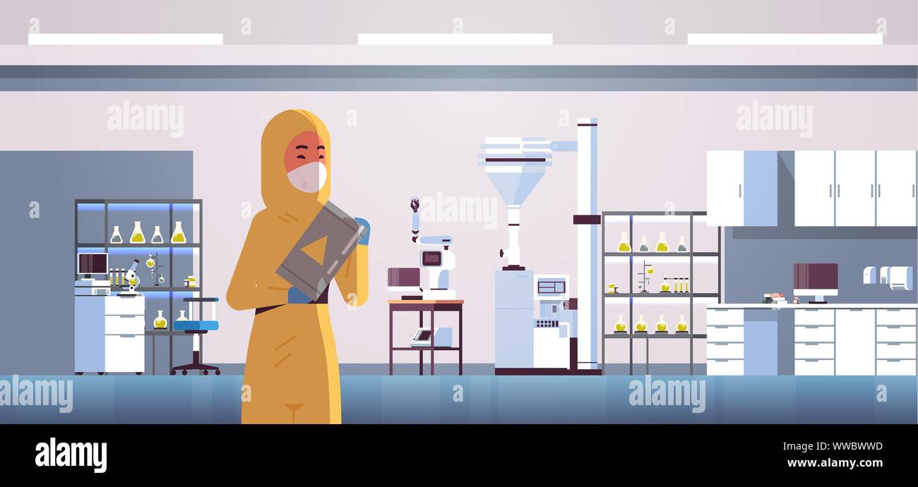 scientific researcher holding barrel with warning sign woman in protective suit working with chemicals research science concept modern lab interior Stock Vector