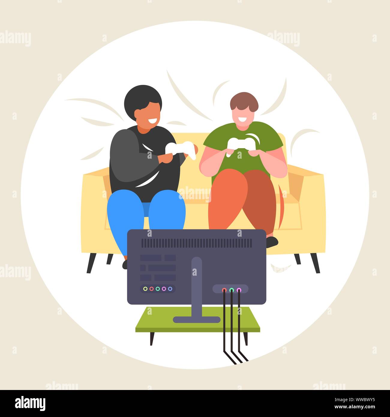 Fat Obese Men Sitting On Couch Using Joystick Game Pad Overweight
