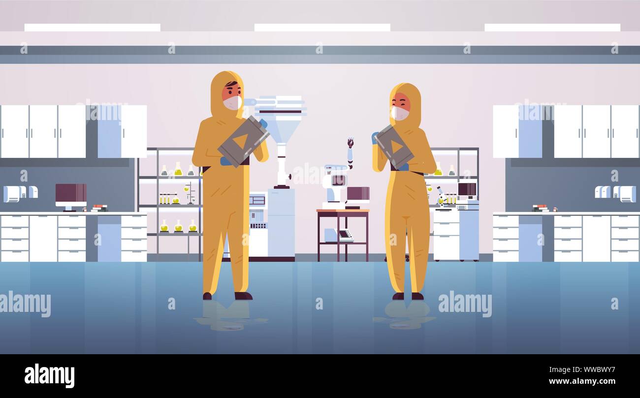 scientists couple holding barrels with warning sign man woman in protective suits working with chemicals research science concept modern laboratory Stock Vector