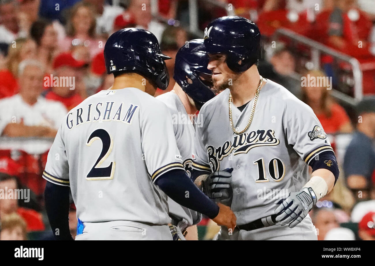 Milwaukee Brewers Yasmani Grandal is welcomed at home plate by Trent Grisham after hitting a two run home run in the eighth inning at Busch Stadium in St. Louis on Saturday, September 14, 2019.   Photo by Bill Greenblatt/UPI Credit: UPI/Alamy Live News Stock Photo