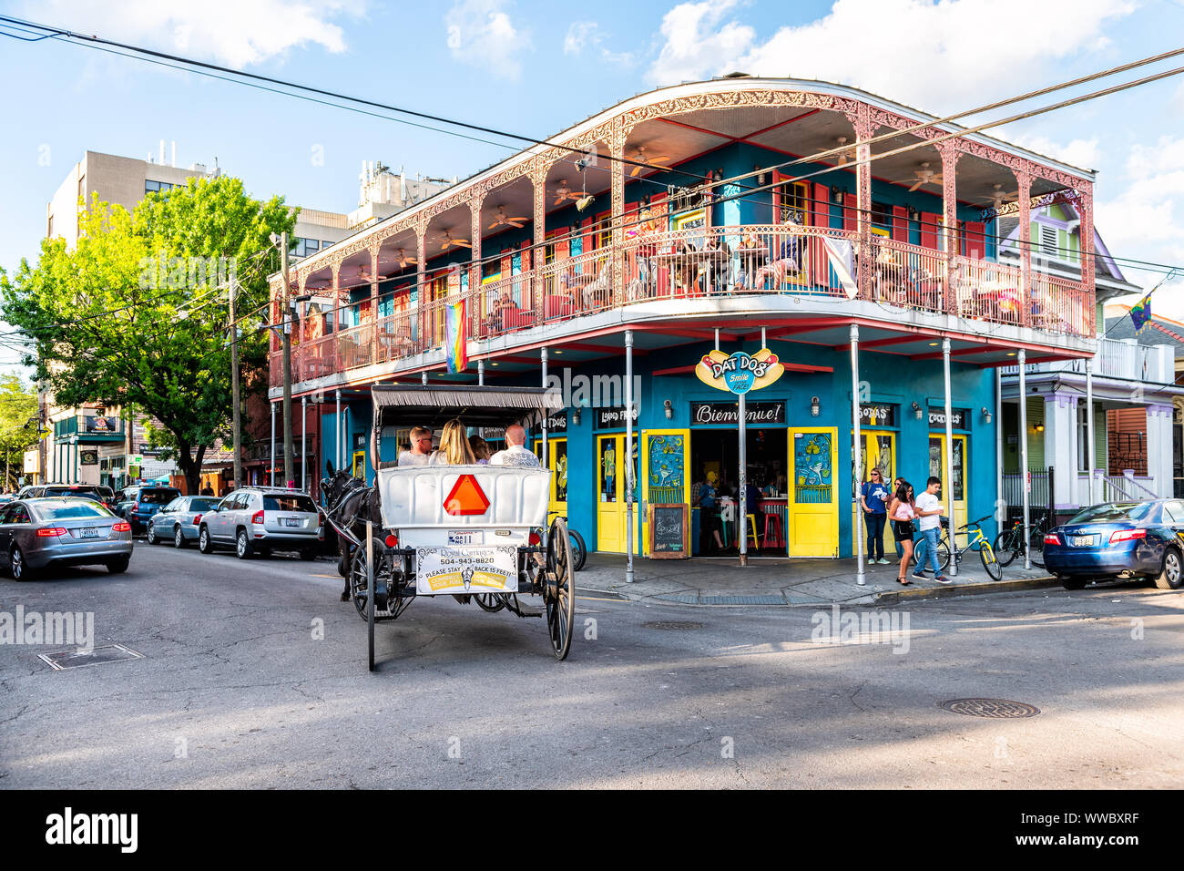 New Orleans, USA April 22, 2018 Dat Dog bar restaurant selling hot dogs, beer with horse