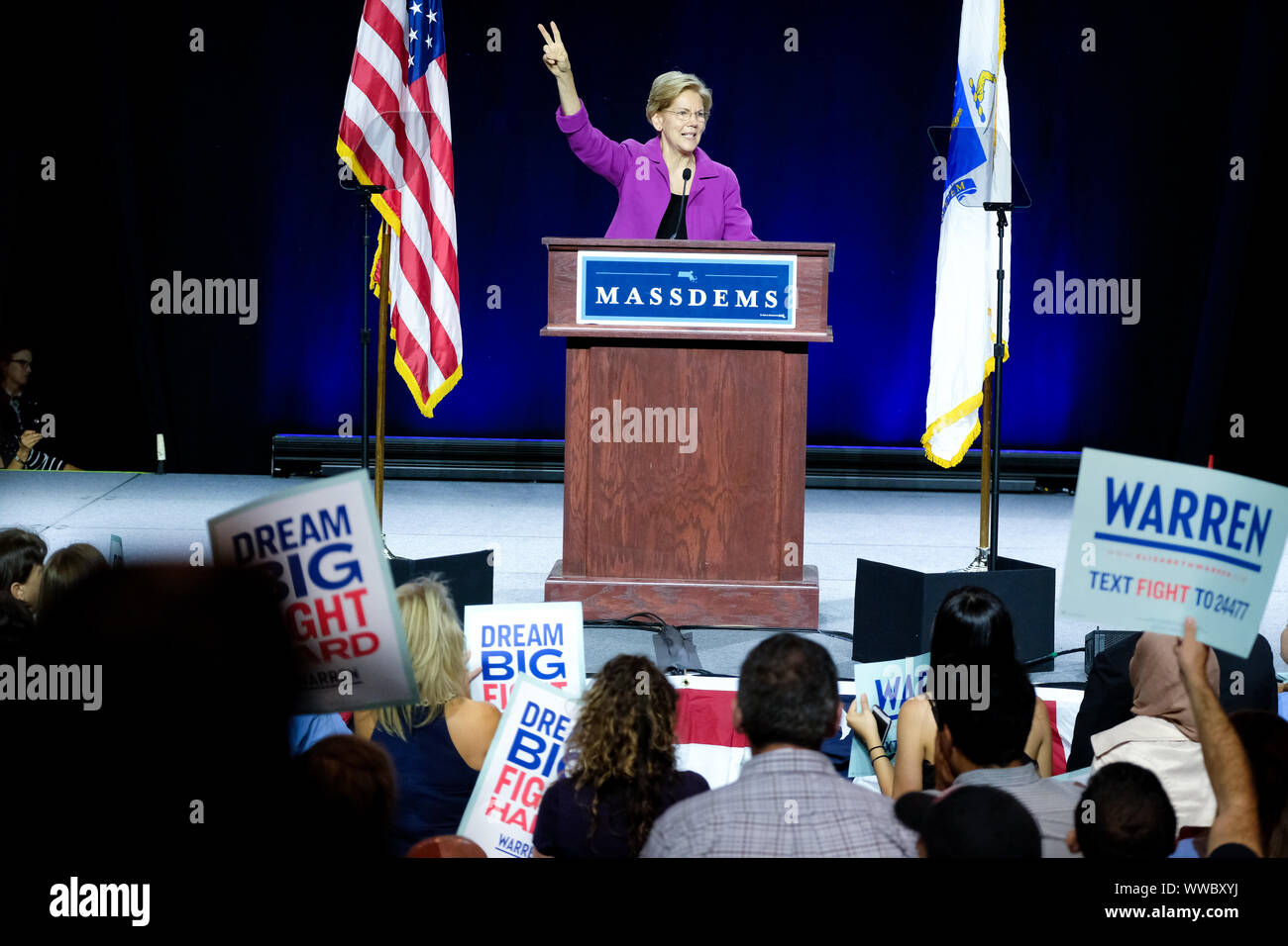 Springfield, USA. 14th Sep, 2019. Presidential Candidate Elizabeth Warren discusses her proposed two-cent tax on high-net-worth individuals at the Massachusetts Democratic Party Convention in Springfield. Credit: SOPA Images Limited/Alamy Live News Stock Photo
