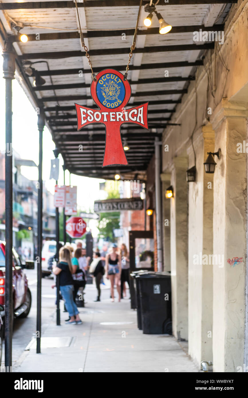 New Orleans, USA - April 22, 2018: Esoterica occult goods store shop offering witchcraft kits, spell books and charms in historic Louisiana city on Du Stock Photo