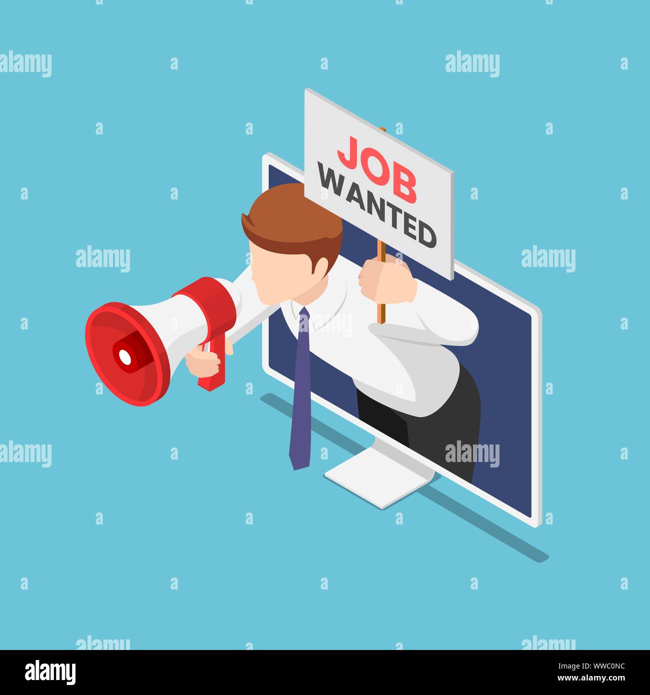Flat 3d isometric businessman come out from monitor holding megaphone and job wanted sign. Online job searching concept. Stock Vector
