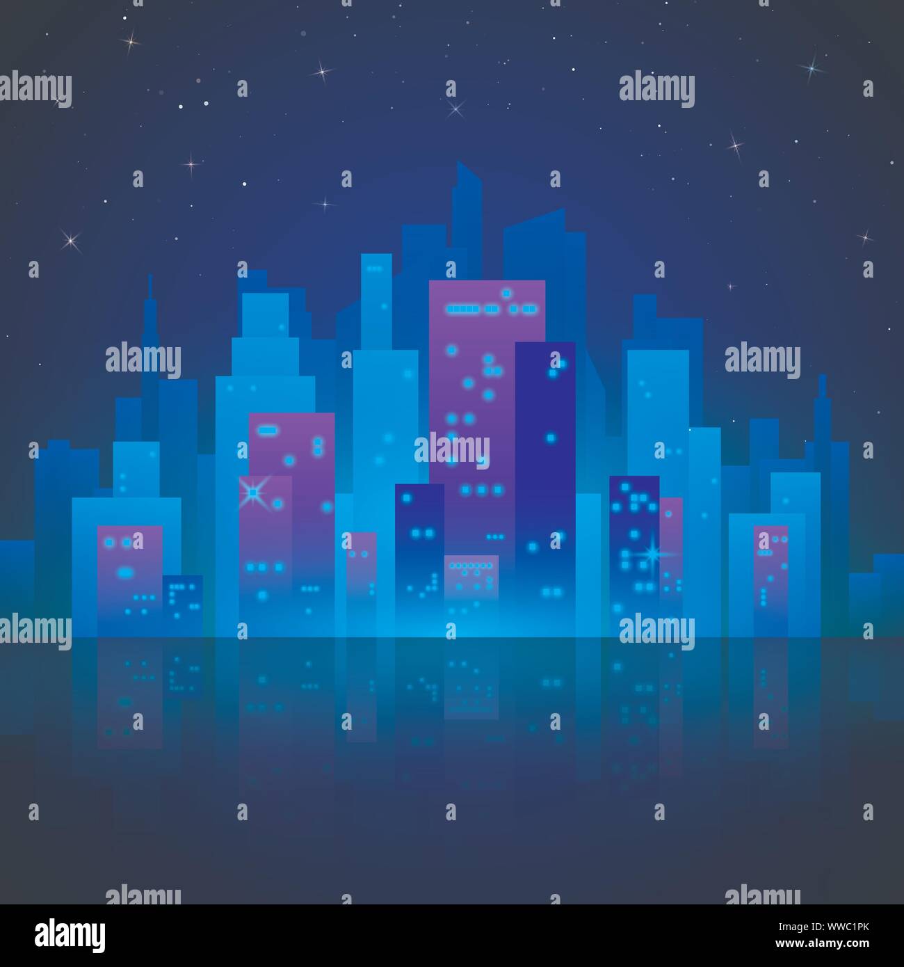 Neon city landscape with glow and bright colors. Silhouette of futuristic town with reflection. Retro style 80s. Vector illustration Stock Vector