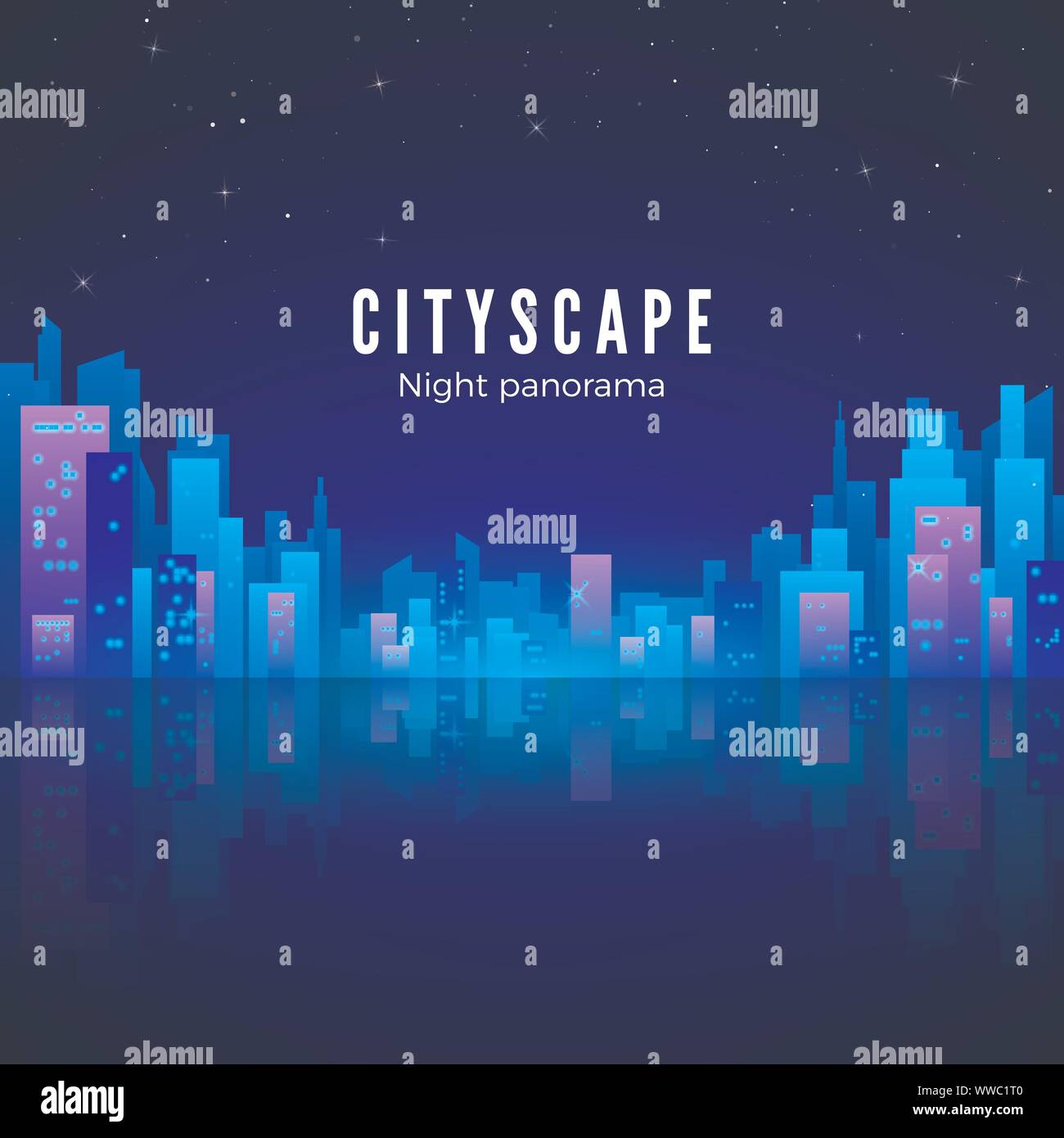 Night city landscape with neon glow and bright colors. Silhouette of futuristic town with reflection. Retro style 80s. Vector illustration Stock Vector