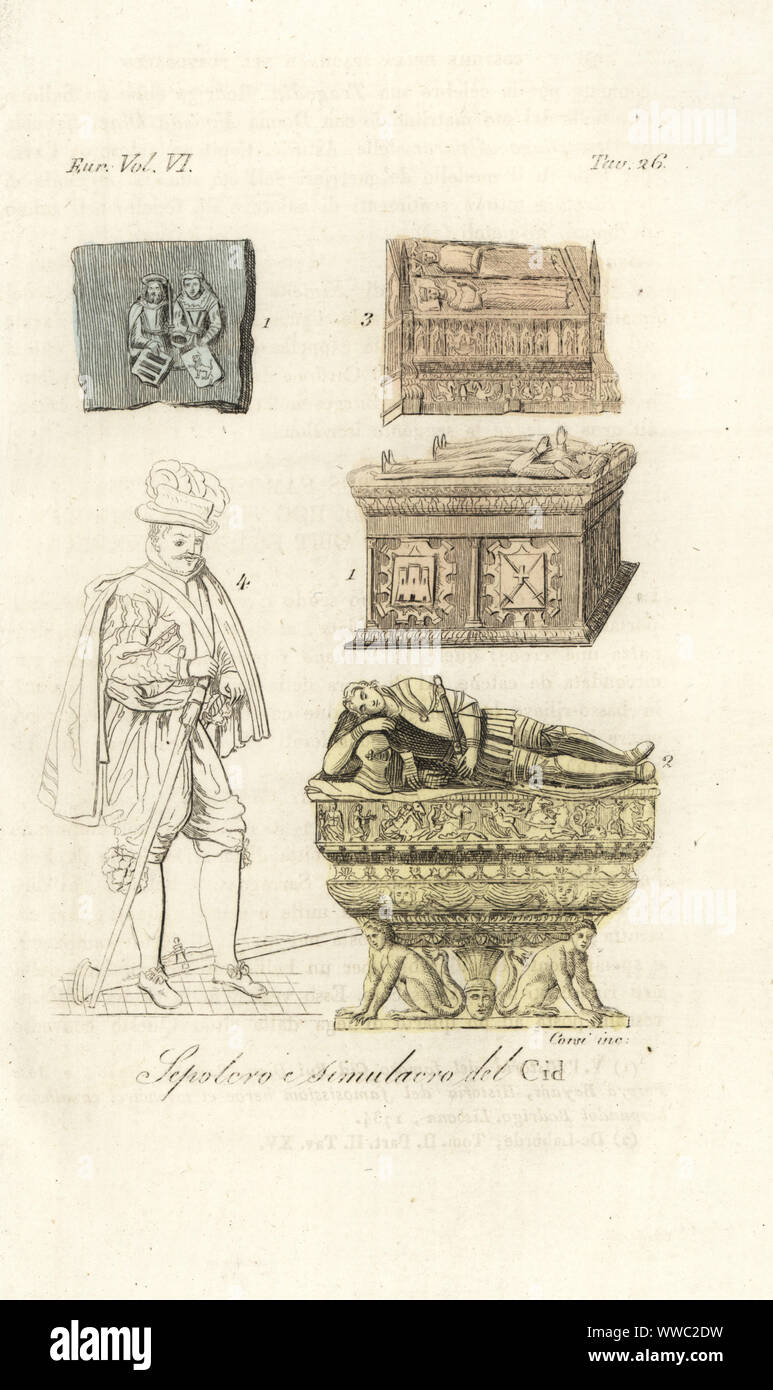 Tomb and effigy of El Cid Rodrigo Diaz and his wife Jimena Diaz 1, Duke of Cardona 2, King of Aragon 3, and portrait of Conquistador Hernan Cortes 4. Sepolcro e simulacro del Cid. Hand-tinted copperplate engraving by Corsi after Giulio Ferrario in his Costumes Ancient and Modern of the Peoples of the World, Il Costume Antico e Modern o Story, Florence, 1829. Stock Photo