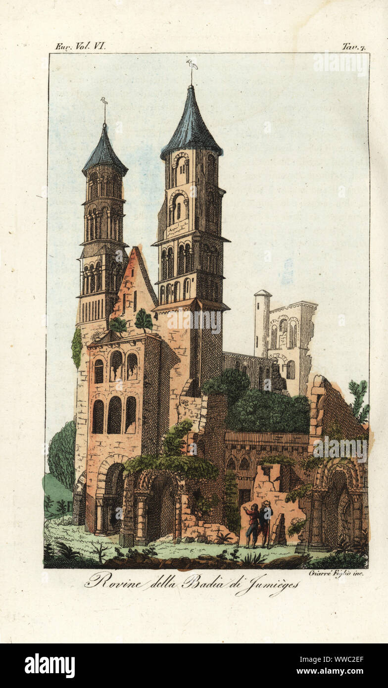 Ruins of Jumieges Abbey, Benedictine monastery in Normandy France. Rovine della Badia di Jumieges. Handcoloured copperplate engraving by Giarre brothers after Giulio Ferrario in his Costumes Ancient and Modern of the Peoples of the World, Il Costume Antico e Modern o Story, Florence, 1829. Stock Photo