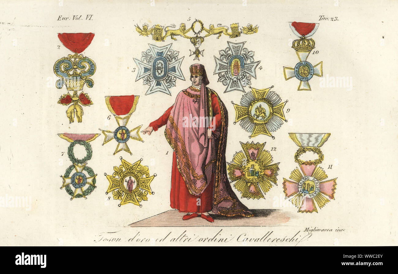 Knight in ceremonial robes of the Distinguished Order of the Golden Fleece and crosses and emblems of high chivalric orders. Toison d’oro ed altri ordini cavallereschi. Handcoloured copperplate engraving by Migliavacca after Giulio Ferrario in his Costumes Ancient and Modern of the Peoples of the World, Il Costume Antico e Modern o Story, Florence, 1829. Stock Photo