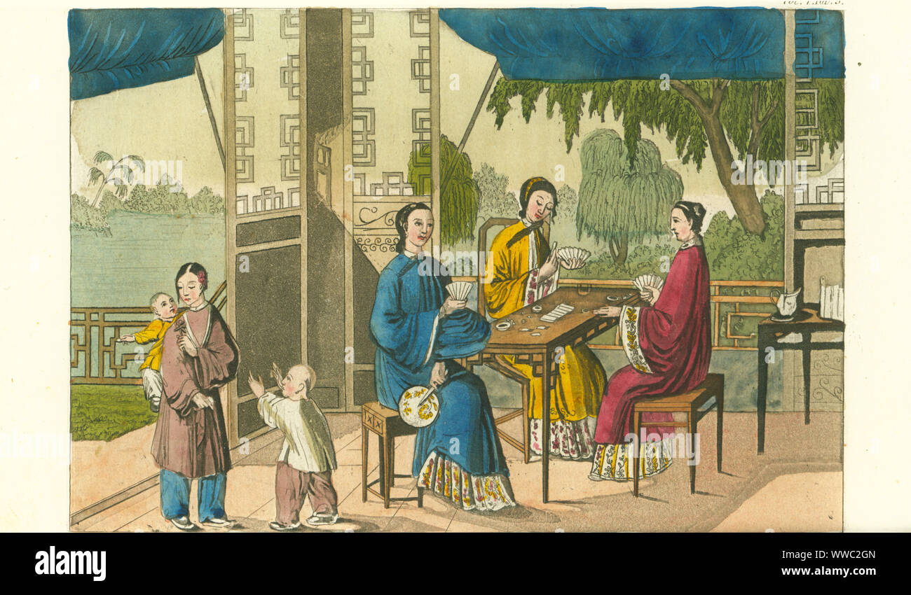 Women playing the card game Zi Pai in a pavilion with blue canopies in a garden, China, 19th century. Handcoloured copperplate engraving by Corsi after Egor Fedorovich Timkovski from Giulio Ferrario's Costumes Ancient and Modern of the Peoples of the World, Florence, 1833. Stock Photo