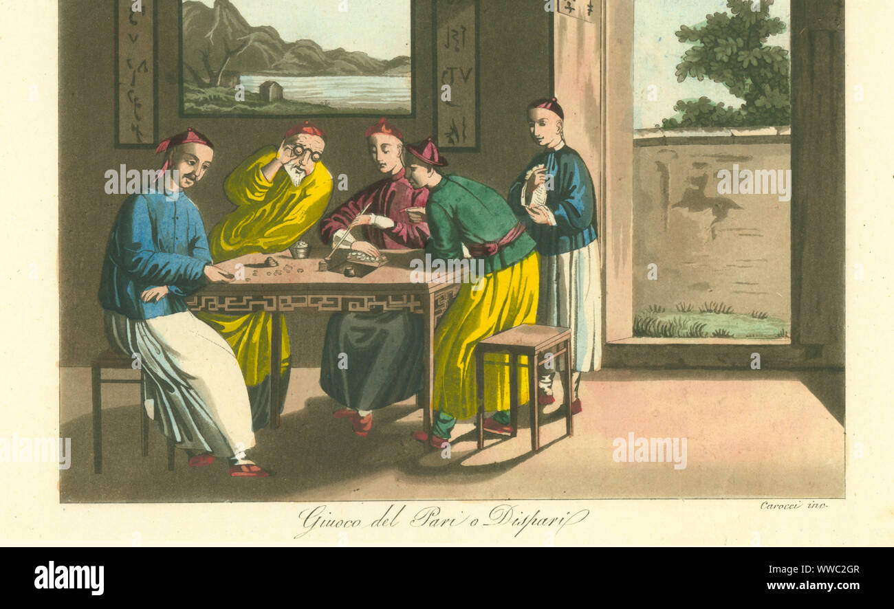 Four Chinese merchants playing the game of odd or even (Tui-Tsu) in summer clothes, China, 19th century. A man uses a stick to move the cash bets on the table. Handcoloured copperplate engraving by Carocci after Egor Fedorovich Timkovski from Giulio Ferrario's Costumes Ancient and Modern of the Peoples of the World, Florence, 1833. Stock Photo