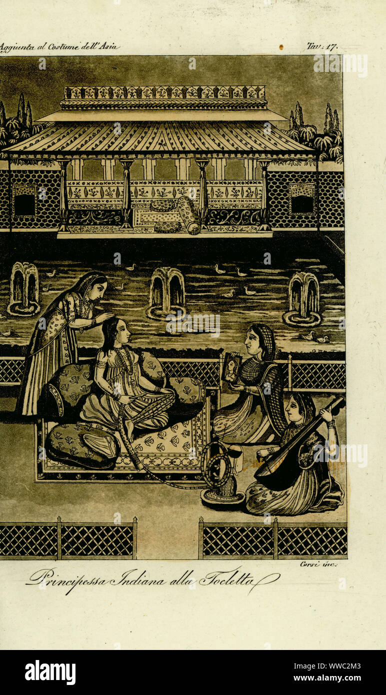 Indian princess having her hair done, 18th century. A princess smokes a hookah pipe while maids fix her hair, hold a mirror and play music. In a courtyard with pond, fountains and garden. Principessa Indiana alla Toeletta. From a miniature. Handtinted copperplate engraving by Corsi after Giulio Ferrario in his Costumes Ancient and Modern of the Peoples of the World, Il Costume Antico e Modern o Story, Florence, 1833. Stock Photo