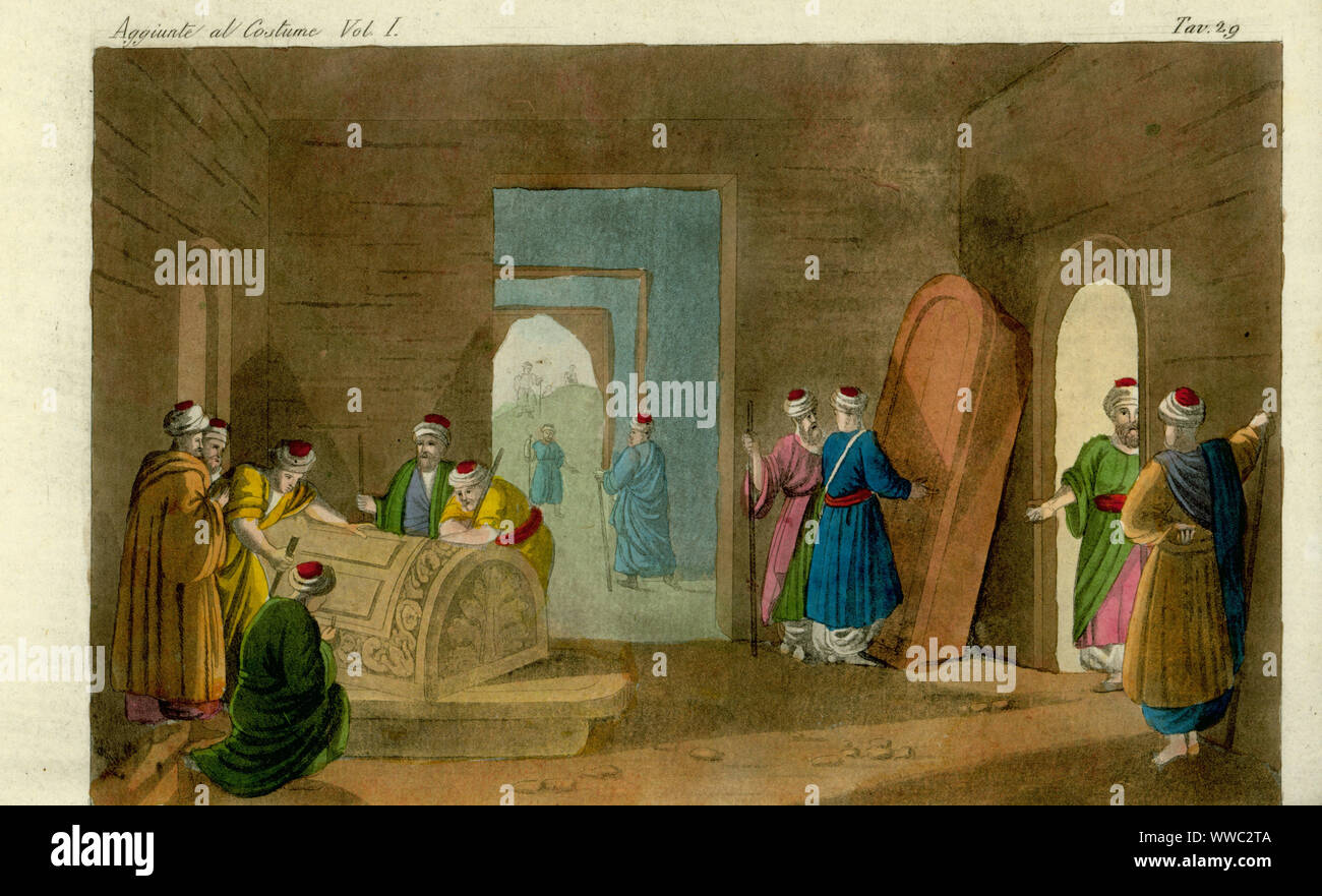 Sepulchres of the kings of Judah, 1800s. Sepolcri dei Re di Giuda. Handcoloured copperplate engraving after Giulio Ferrario in his Costumes Ancient and Modern of the Peoples of the World, Il Costume Antico e Moderno, Florence, 1833. Copied from Luigi Mayer’s Views in Egypt, Palestine and Other Parts of the Ottoman Empire, 1804. Stock Photo