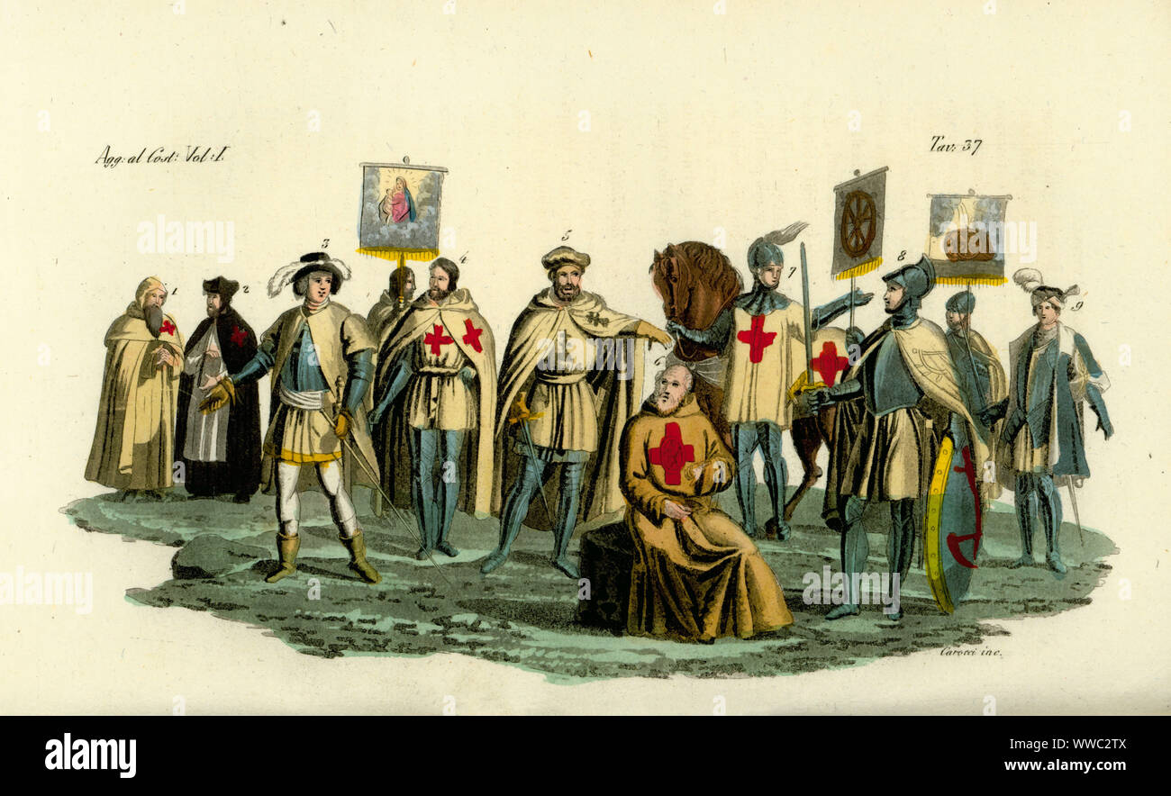 Canons of the Equestrian Order of the Holy Sepulchre of Jerusalem. Canonici del S. Sepolcro. Handcoloured copperplate engraving by Carocci after Giulio Ferrario in his Costumes Ancient and Modern of the Peoples of the World, Il Costume Antico e Moderno, Florence, 1833. Stock Photo