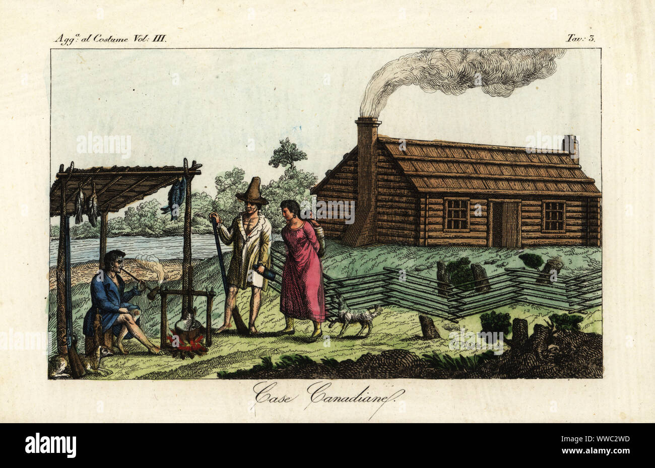 Structures of the Native Americans and Canadians. A Canadian loghouse at right and hut or Vig-Wam (wigwam) at left. Man smoking a pipe watching a pot on a fire, with fish and birds hanging above, musket at left. Couple with baby in papoose. Casa Canadiane. Handcoloured copperplate engraving after Giulio Ferrario in his Costumes Ancient and Modern of the Peoples of the World, Il Costume Antico e Moderno, Florence, 1837. Stock Photo