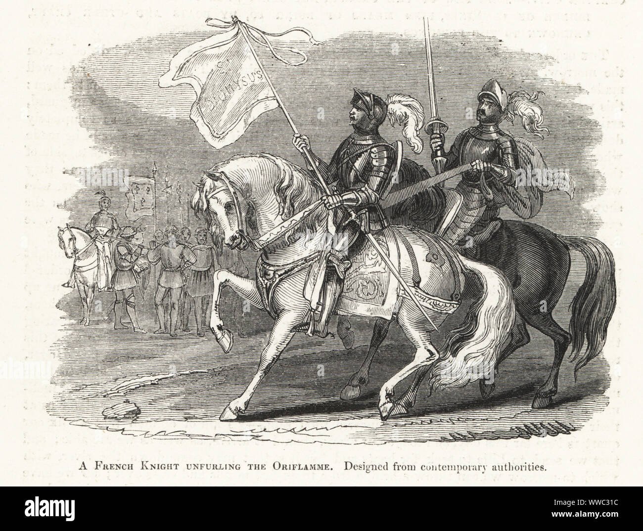 French knight unfurling the oriflamme, battle standard of the King of France. Woodcut after an illuminated manuscript from Sir John Froissart's Chronicles of England, France, Spain and the Adjoining Countries, from the Latter Part of the Reign of Edward II to the Coronation of Henry IV, George Routledge, London, 1868. Stock Photo