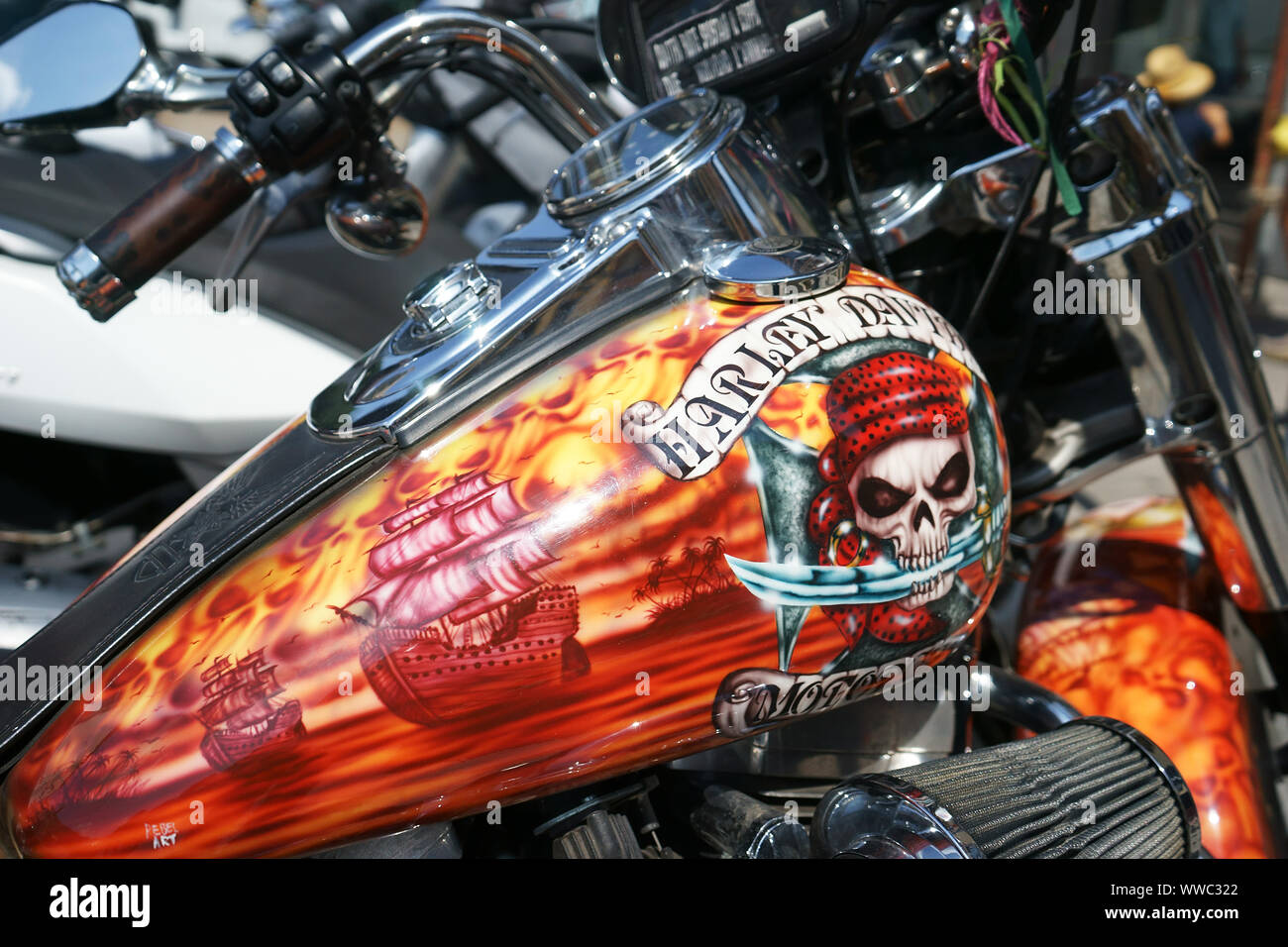 Pirate skull on Harley Davidson motor cycle petrol tank, Cagliari, Sardinia, Italy Stock Photo