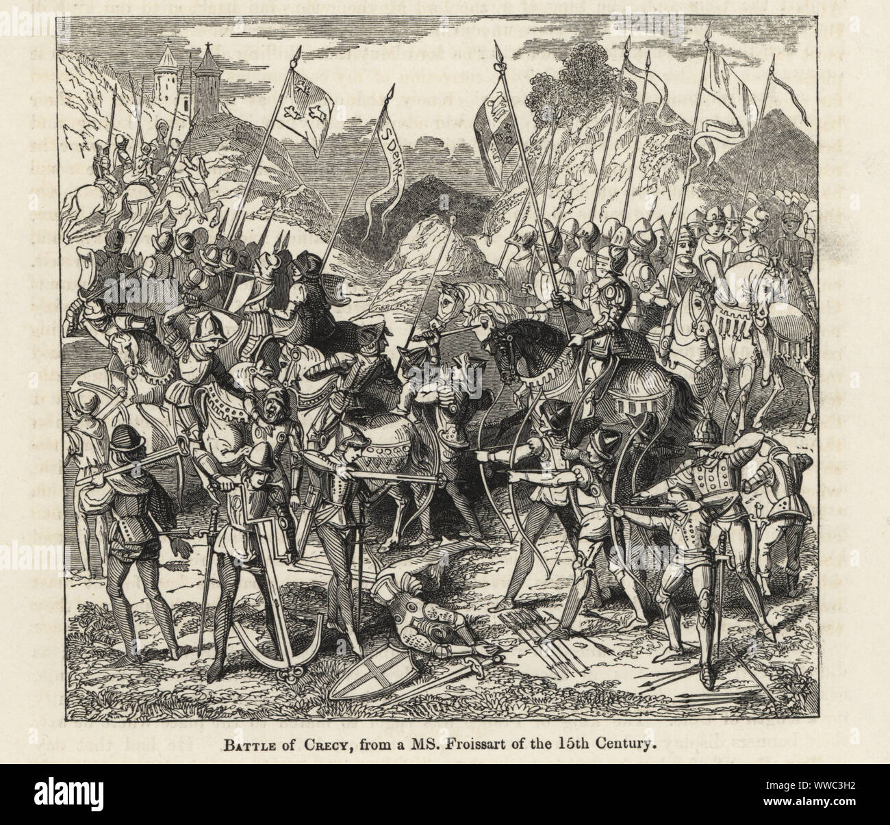 The English and French armies at the Battle of Crecy, 1346. English longbowmen defeat the French crossbowmen in the foreground, while the French cavalry flee behind. The Battle of Crecy. Woodcut after an illuminated manuscript from Sir John Froissart's Chronicles of England, France, Spain and the Adjoining Countries, from the Latter Part of the Reign of Edward II to the Coronation of Henry IV, George Routledge, London, 1868. Stock Photo