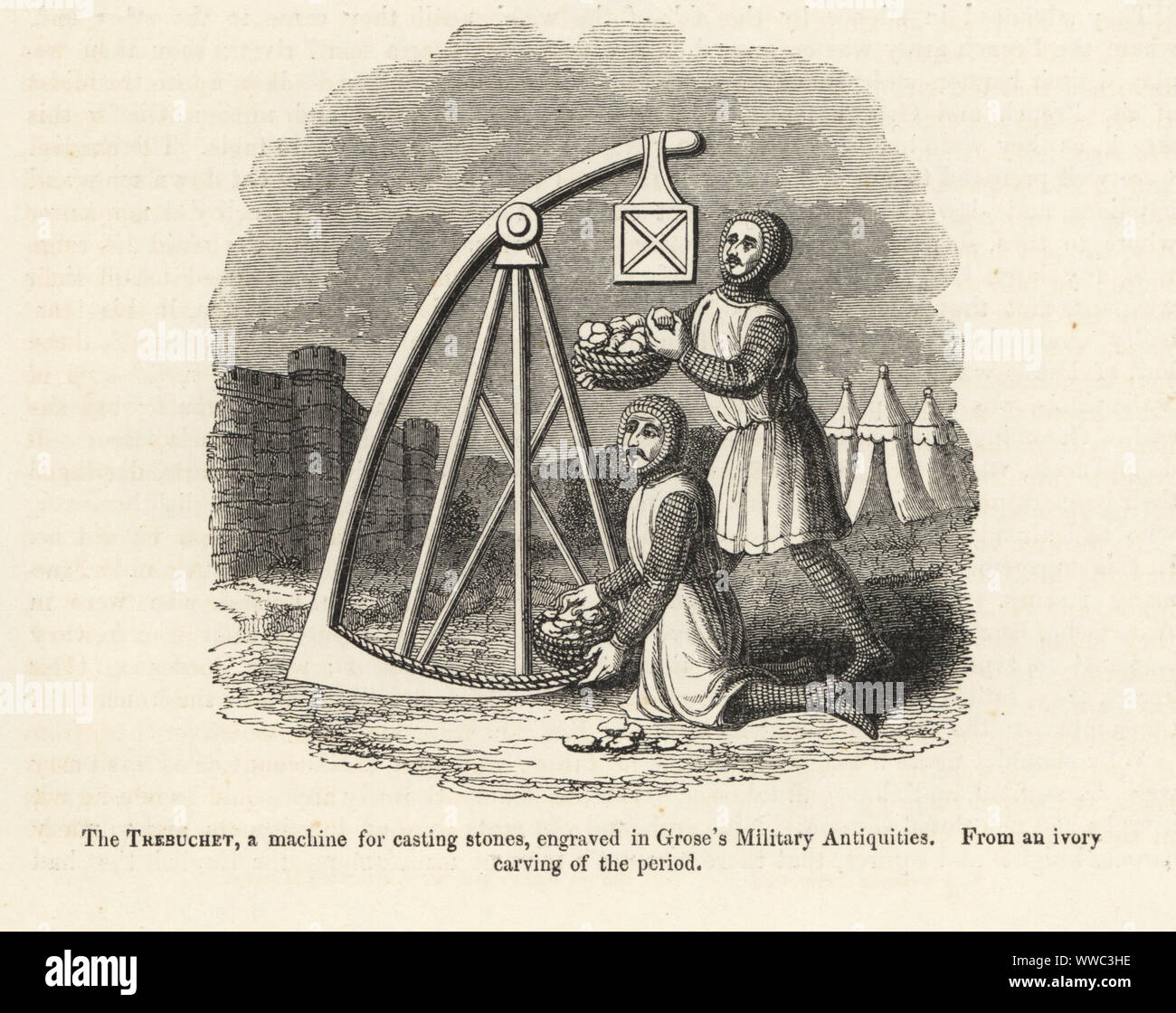 Trebuchet, or French trebuchet, military machine for casting stones.  Soldiers in chainmail and tunics firing projectiles at a castle. Siege engine used in medieval warfare. Woodcut after an ivory carving from Sir John Froissart's Chronicles of England, France, Spain and the Adjoining Countries, from the Latter Part of the Reign of Edward II to the Coronation of Henry IV, George Routledge, London, 1868. Stock Photo