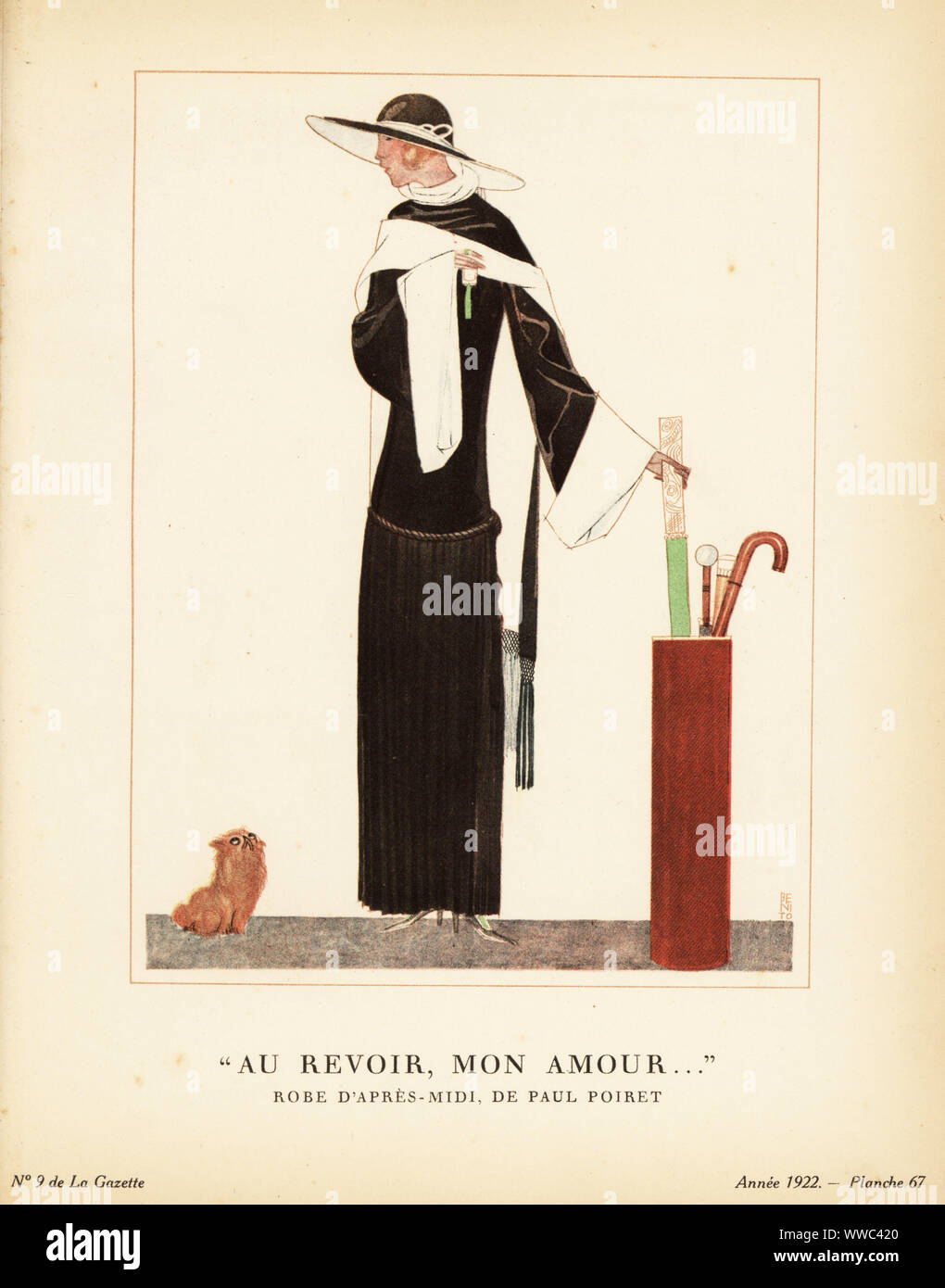 Woman in afternoon dress of black and white crepe, picking up a parasol and making an exit. Au revoir, mon amour. Robe d’après-midi, de Paul Poiret, en crèpe noir et crèpe blanc; ceinture cordonnet et soie; franges de soie. Plate 67, Vol. 2.9, 1922. Handcoloured pochoir lithograph by Edouardo Garcia Benito from Lucien Vogel’s Le Bon Genre: 100 Plates from Gazette du Bon Ton, Brentano’s, Paris, 1922. Stock Photo