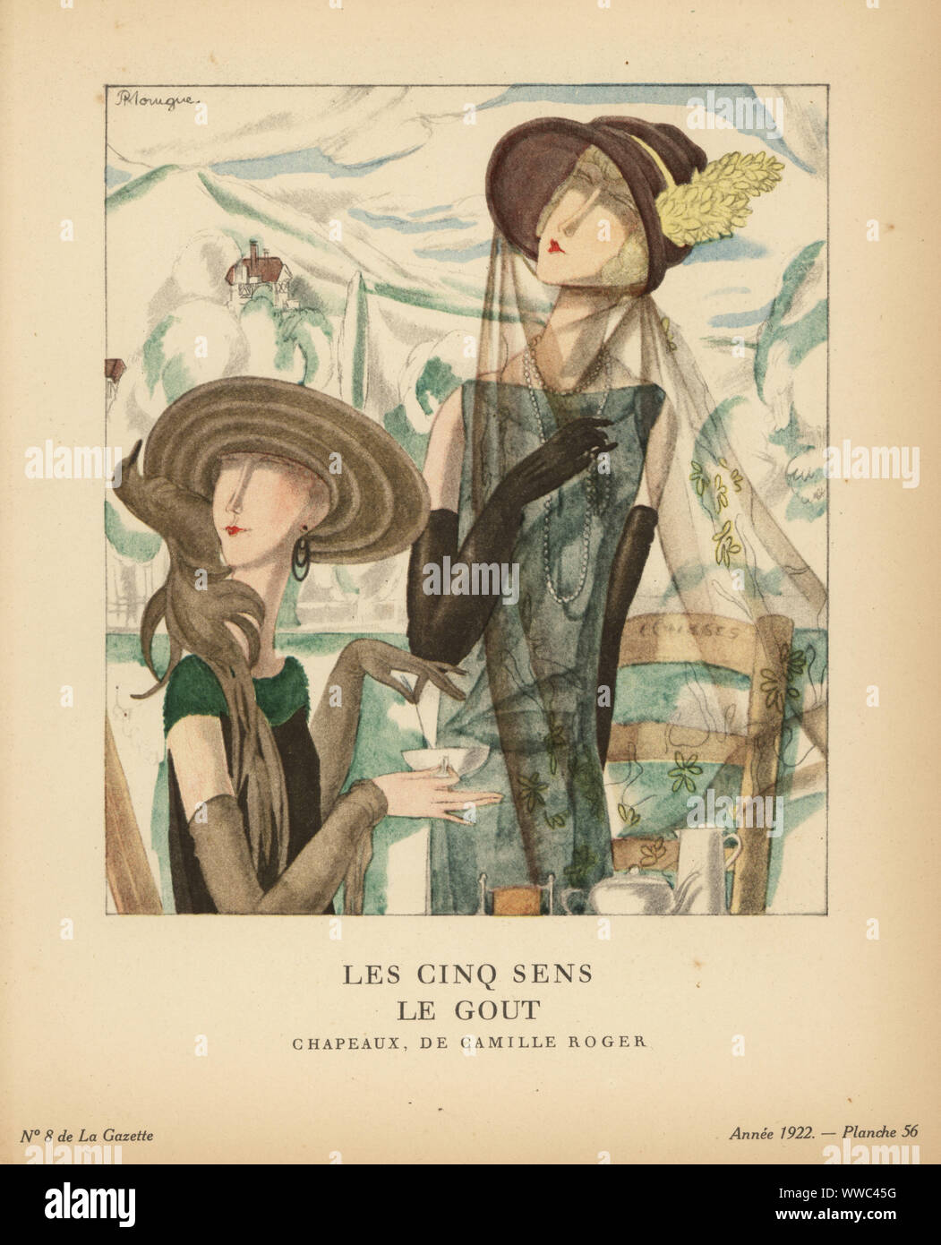 Two chic women taking tea at a garden cafe. They wear velvet hats decorated  with duck feathers and a pinecone ribbon. Le cinq sens: le gout. Deux  chapeaux de Camille Roger, l'un