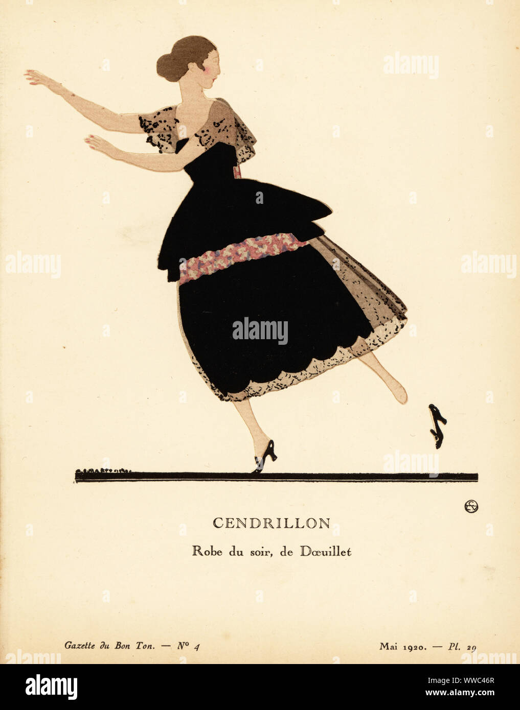 Woman in evening dress of black taffeta decorated with cretonne and Chantilly lace. Cinderella. Cendrillon. Robe du soir, de Dœuillet, en taffetas noir, garnie d'applications de cretonne, recouverte de Chantilly. Handcoloured pochoir lithograph by Andre Marty from Lucien Vogel’s Le Bon Genre: 100 Plates from Gazette du Bon Ton, Brentano’s, Paris, 1920. Stock Photo