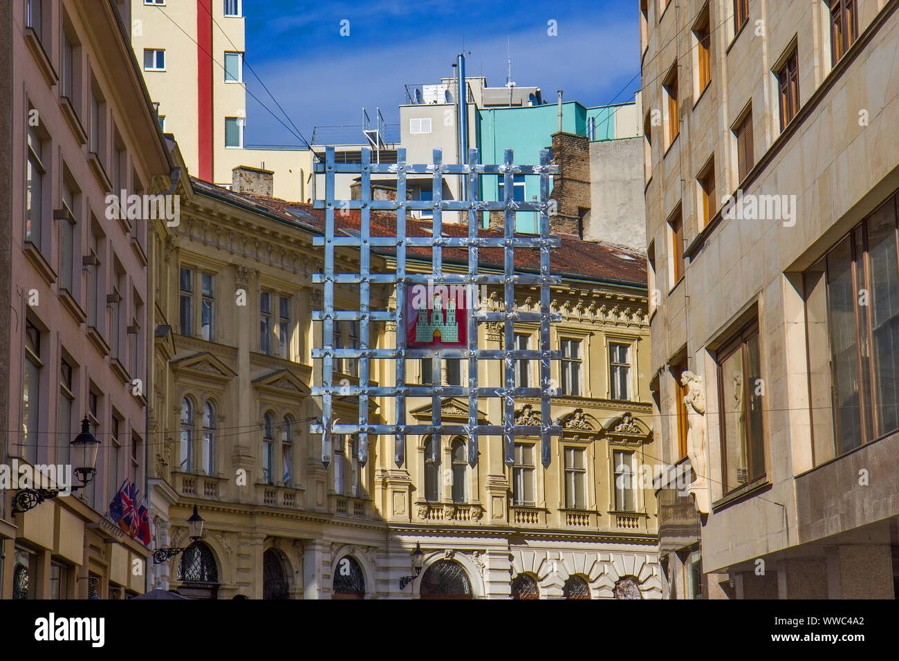 Coat of arms of the city - Street view of downtown in Bratislava, Slovakia Stock Photo