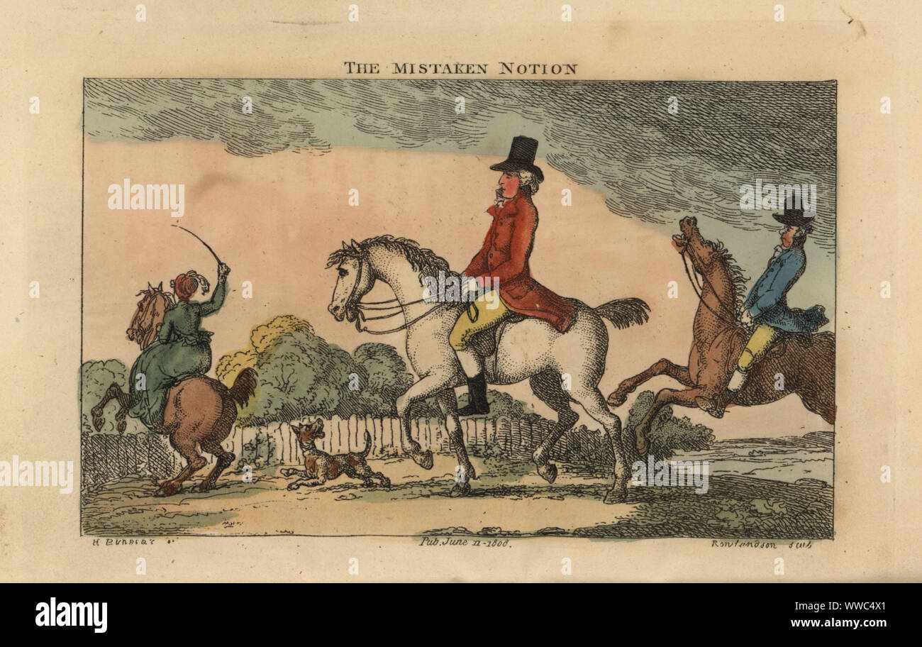 Regency man riding a horse, while other riders struggle behind him on galloping and bolting mounts. The Mistaken Notion. Handcoloured copperplate engraving by Thomas Rowlandson after an illustration by Henry Bunbury from Geoffrey Gambado’s An Academy for Grown Horsemen and Annals of Horsemanship, London, 1809. Stock Photo