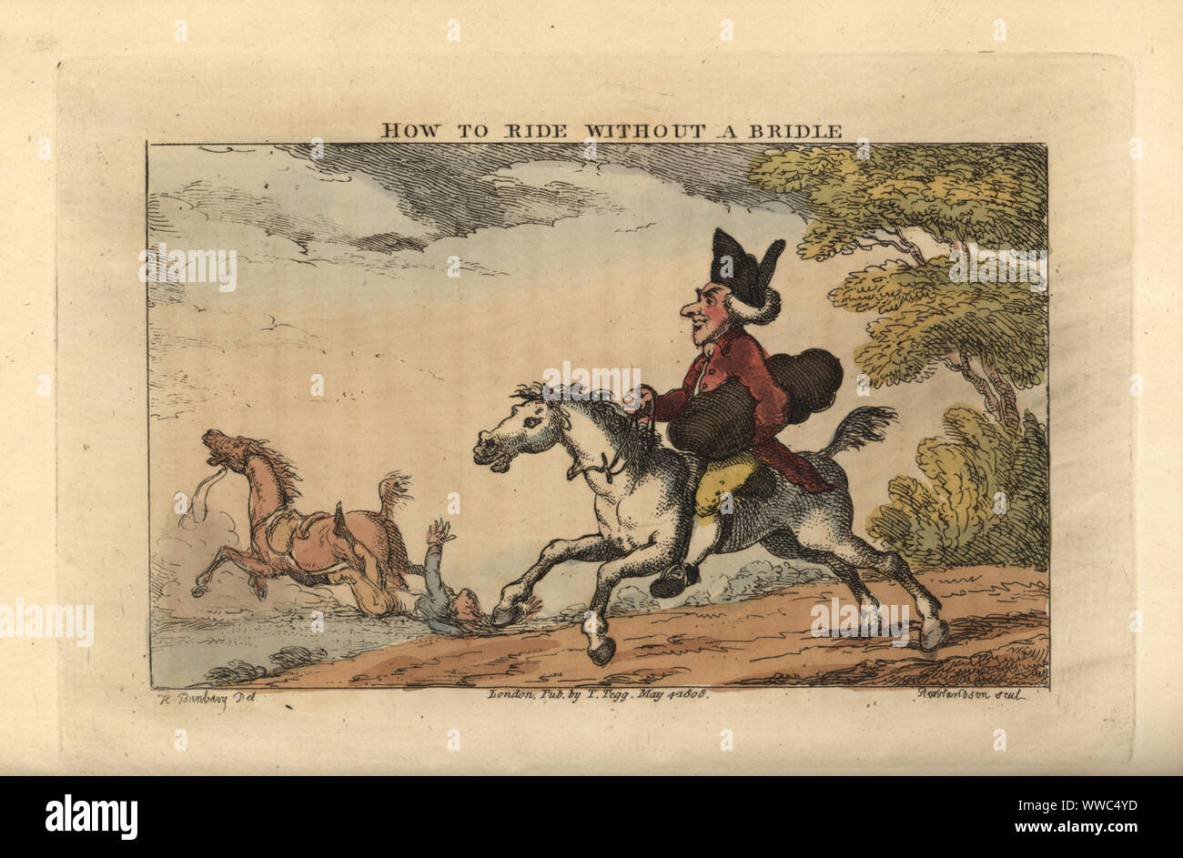 Regency gentleman riding a horse with only a string around its neck.  A man is dragged off by a horse, his foot caught in a stirrup, in the background. How to Ride Without a Bridle. Handcoloured copperplate engraving by Thomas Rowlandson after an illustration by Henry Bunbury from Geoffrey Gambado’s An Academy for Grown Horsemen and Annals of Horsemanship, London, 1809. Stock Photo