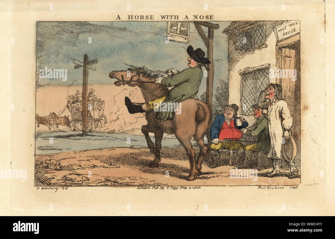 Regency man trying to stop a horse entering a tavern. Drinkers laugh at his struggles to control his horse, as a stage coach rides off in the distance. A Horse with a Nose. Handcoloured copperplate engraving by Thomas Rowlandson after an illustration by Henry Bunbury from Geoffrey Gambado’s An Academy for Grown Horsemen and Annals of Horsemanship, London, 1809. Stock Photo