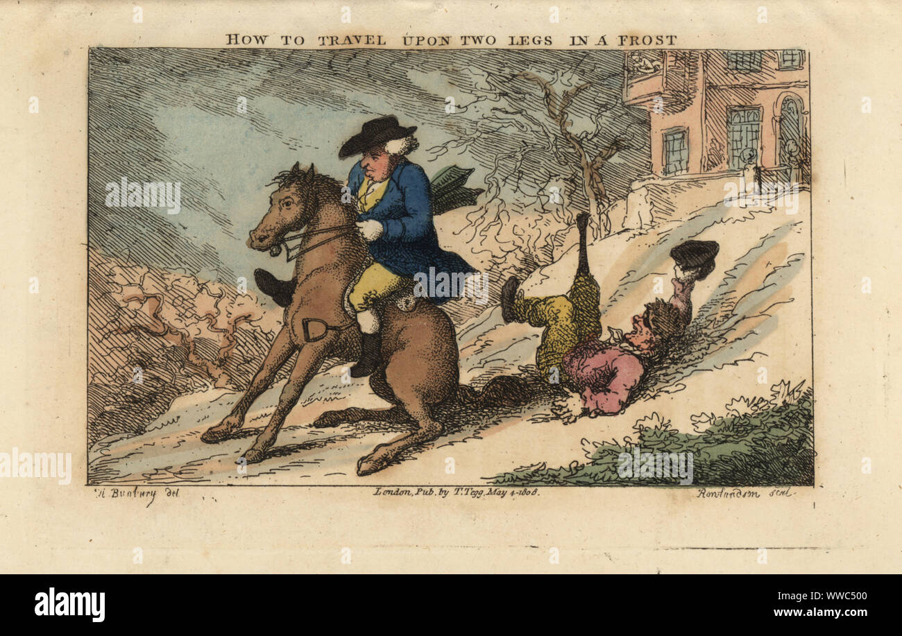 Regency man riding a horse sliding down a hill on its hind legs, its forelegs straight. A man with a peg leg and eyepatch tumbles behind. How to Travel Upon Two Legs in a Frost. Handcoloured copperplate engraving by Thomas Rowlandson after an illustration by Henry Bunbury from Geoffrey Gambado’s An Academy for Grown Horsemen and Annals of Horsemanship, London, 1809. Stock Photo