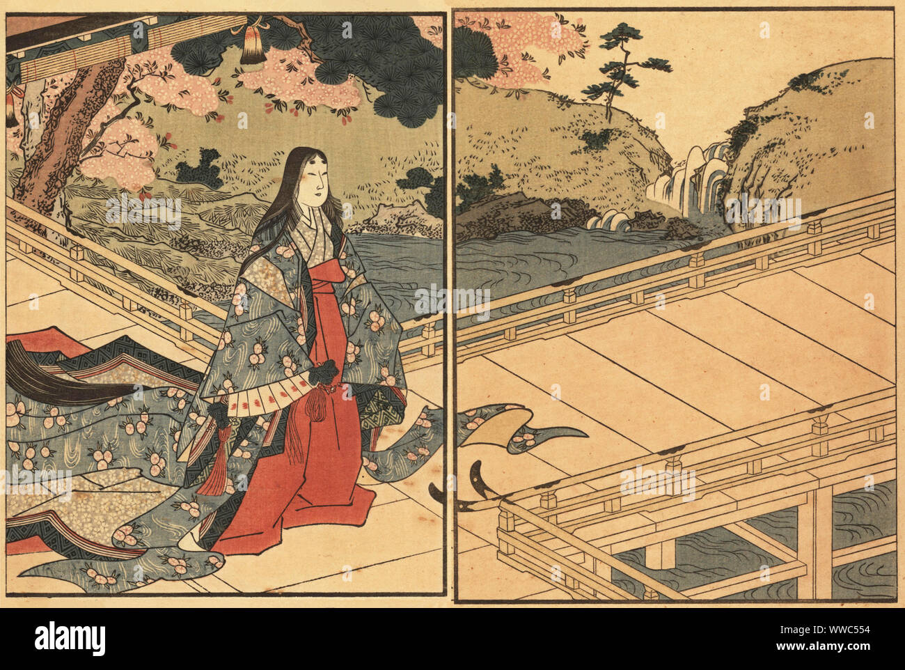 Woman of the nobility or courtier in silk kimono with cypress fan walking in a garden under cherry blossoms. Handcoloured ukiyo-e woodblock print by Toyokuni Utagawa from Shikitei Sanba’s Ehon Imayo Sugata (Picture Book of the Modern Forms and Figures, Tokyo, 1916. Reprint of the original from 1802. Stock Photo