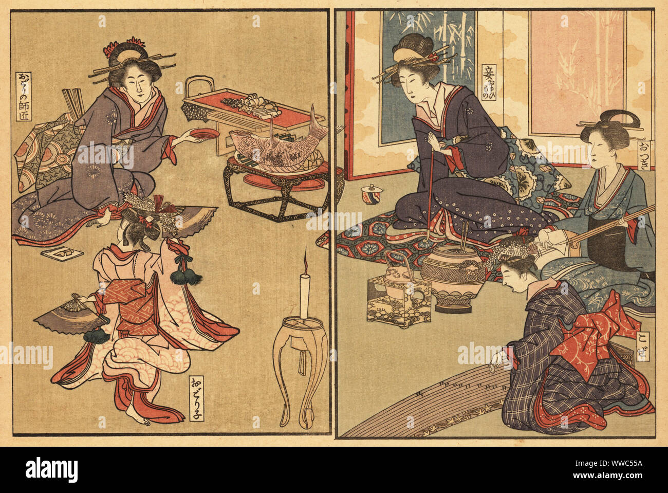 Concubine (mekake) of a high-ranking man with tobacco pipe watching a dancing girl accompanied by musicians on shamisen and blind koto harpist (koze). The dance instructor drinks sake near a large grilled sea bream on a plate. 18th century. Handcoloured ukiyo-e woodblock print by Toyokuni Utagawa from Shikitei Sanba’s Ehon Imayo Sugata (Picture Book of the Modern Forms and Figures, Tokyo, 1916. Reprint of the original from 1802. Stock Photo