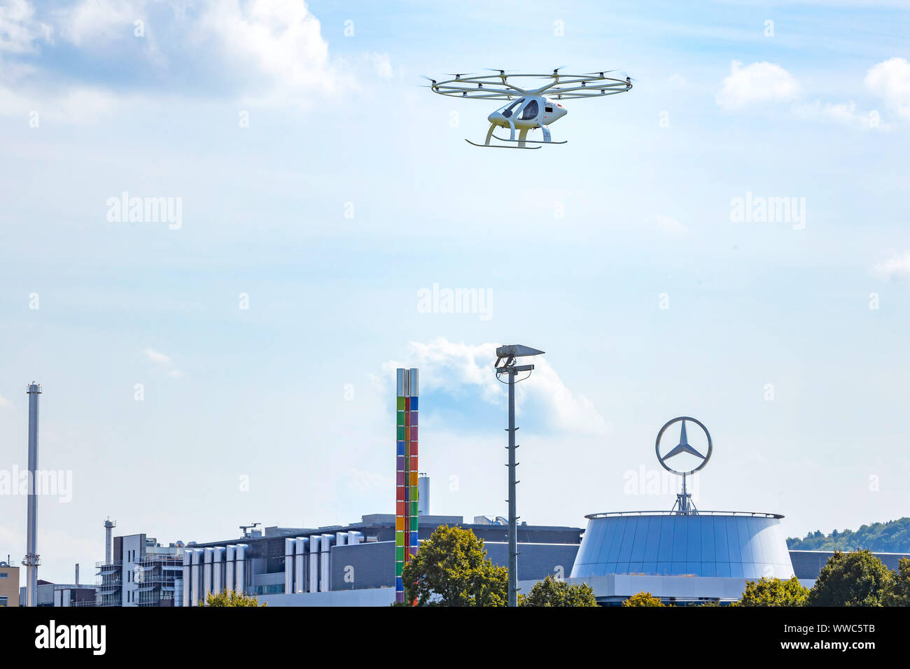 Individual Transport of the Future: First flight of a Velocopter at the Mercedes Museum Stuttgart. Stock Photo