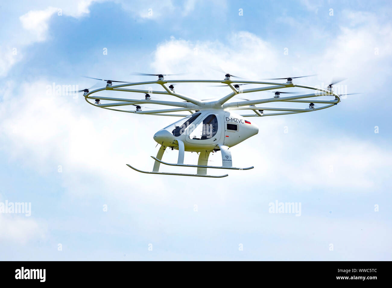 Individual Transport of the Future: First flight of a Velocopter at the Mercedes Museum Stuttgart. Stock Photo