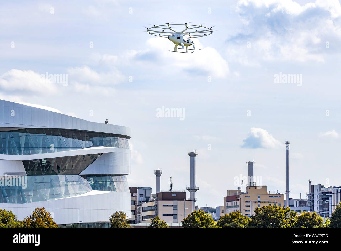 Individual Transport of the Future: First flight of a Velocopter at the Mercedes Museum Stuttgart. Stock Photo