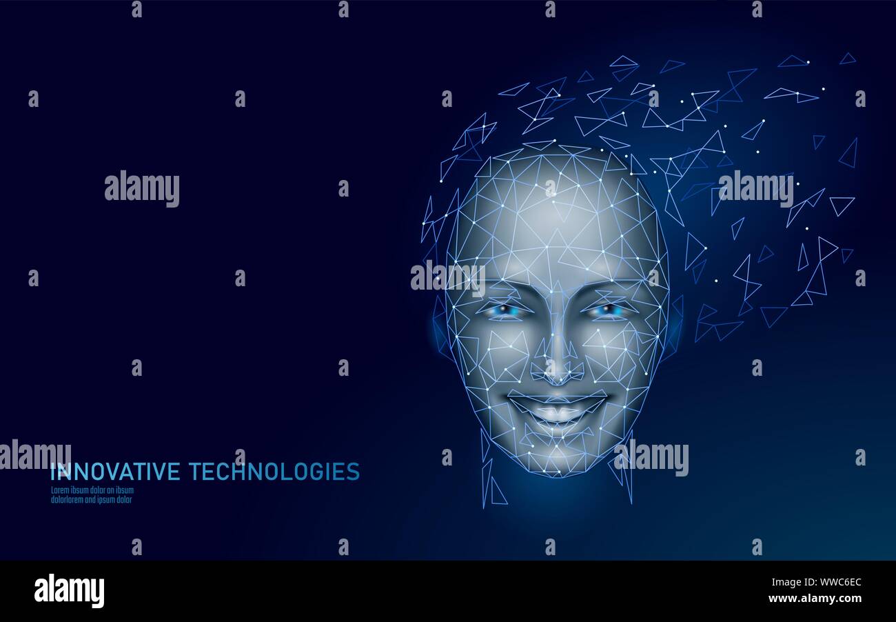 Low poly female human face biometric identification. Recognition system concept. Personal data secure access scanning innovation technology. 3D Stock Vector