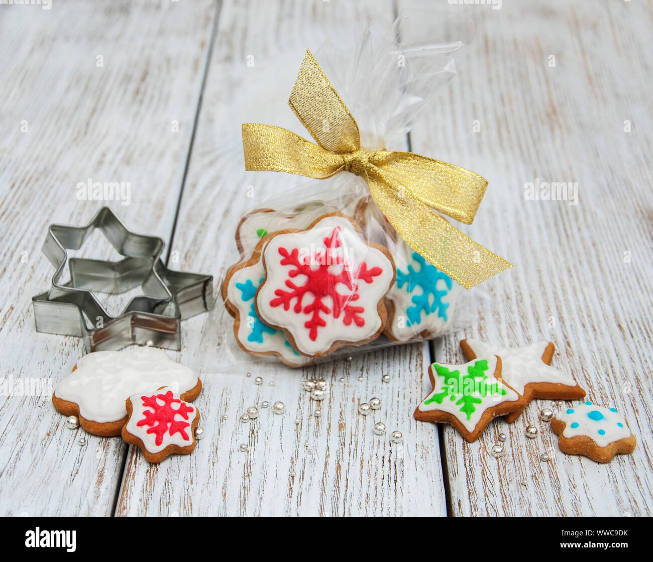 Christmas ginger and honey colorful cookies in a cellophane packing Stock Photo