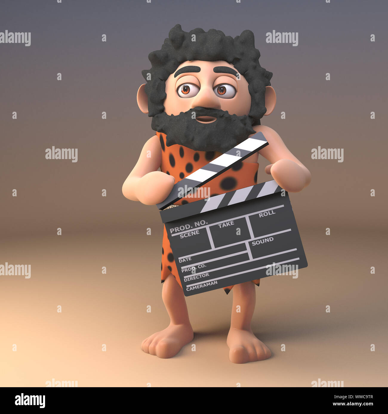Cartoon 3d prehistoric caveman character in animal pelt using a movie  makers film slate clapperboard, 3d illustration render Stock Photo - Alamy