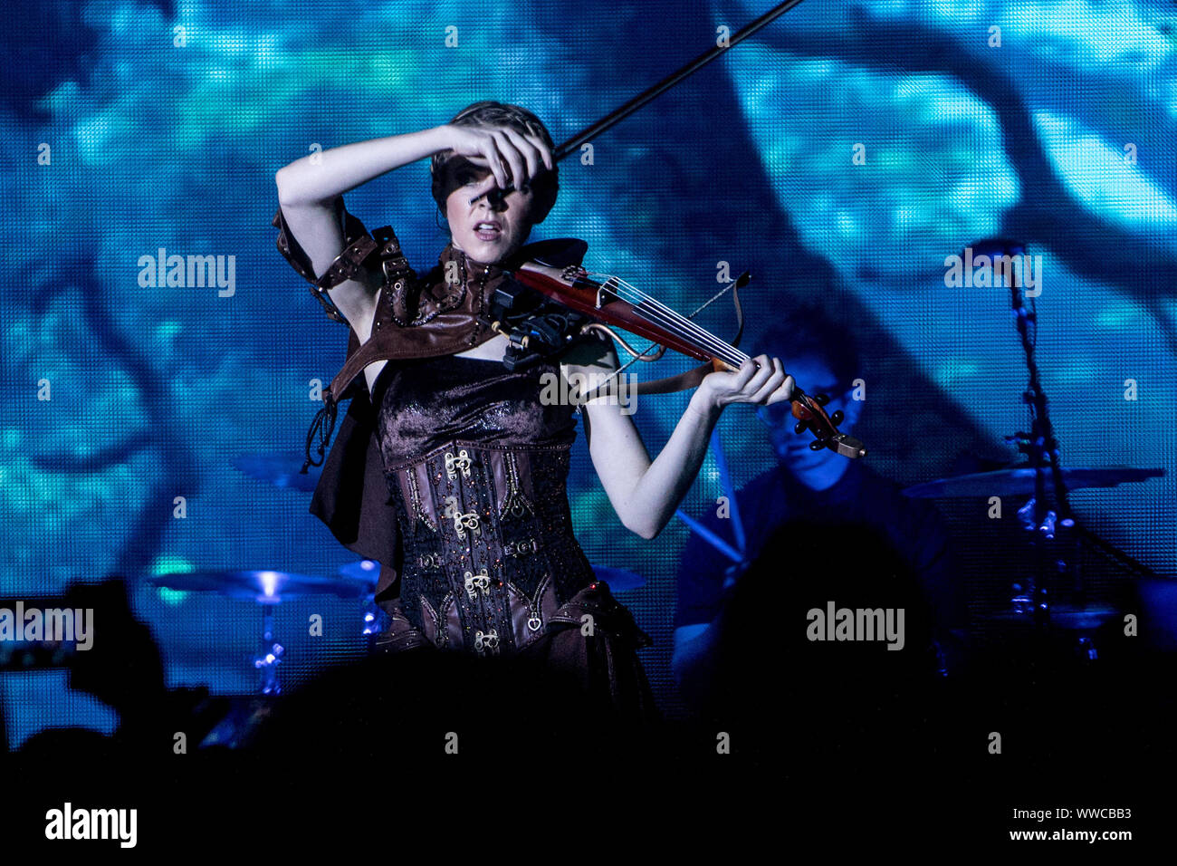 American violinist, singer and songwriter Lindsey Stirling performs live at Alcatraz in Milano, Italy, on September 14 2019. Lindsey Stirling has been named in Forbes magazine's 30 Under 30 In Music: The Class Of 2015. Forbes notes her quarter-finalist position on America's Got Talent season five in 2010, a No. 2 position on the Billboard 200 for her second album Shatter Me in 2014, and her 11 million subscribers on YouTube. Stock Photo