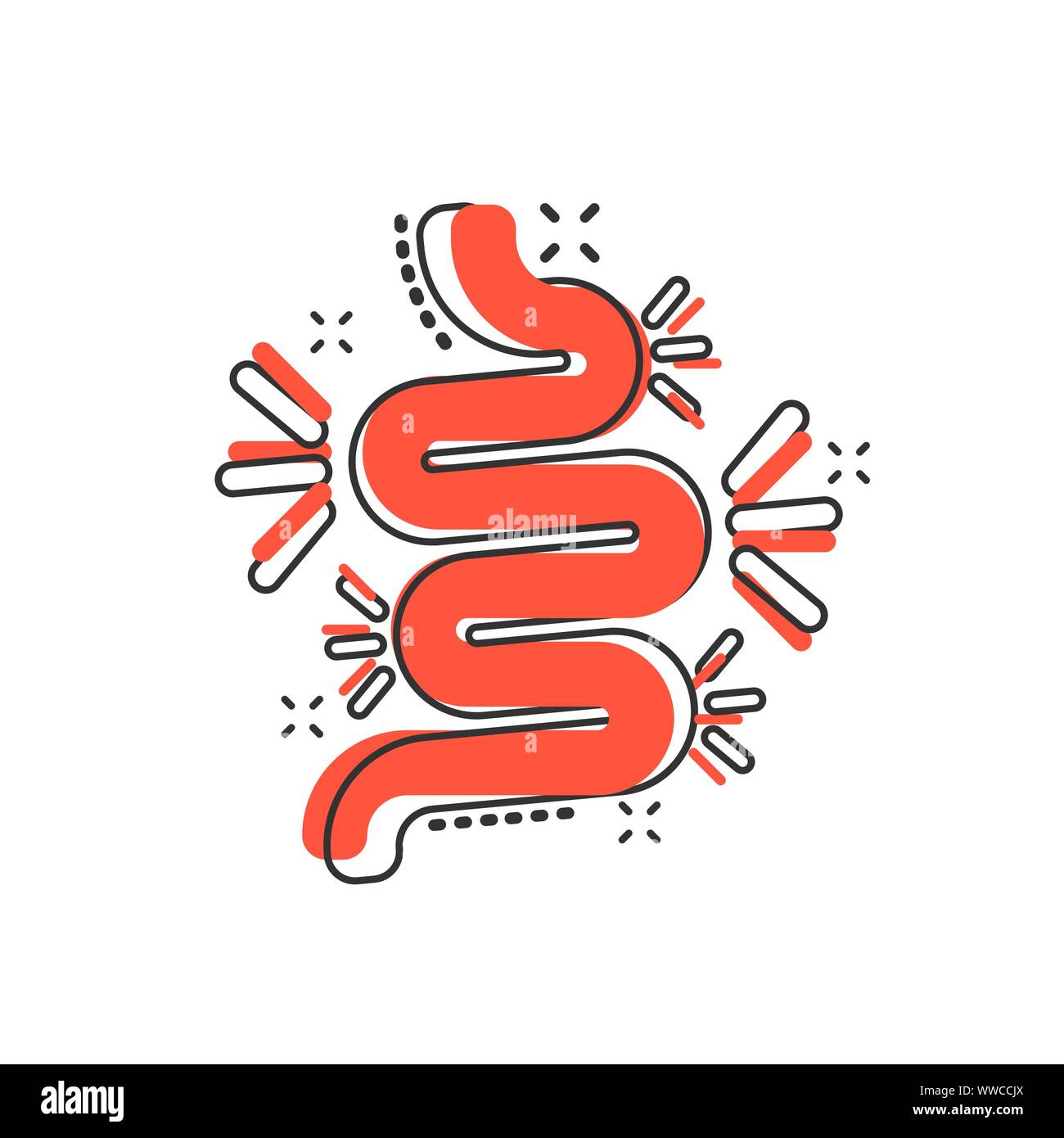 Gut constipation icon in comic style. Colitis vector cartoon illustration on white isolated background. Stomach business concept splash effect. Stock Vector