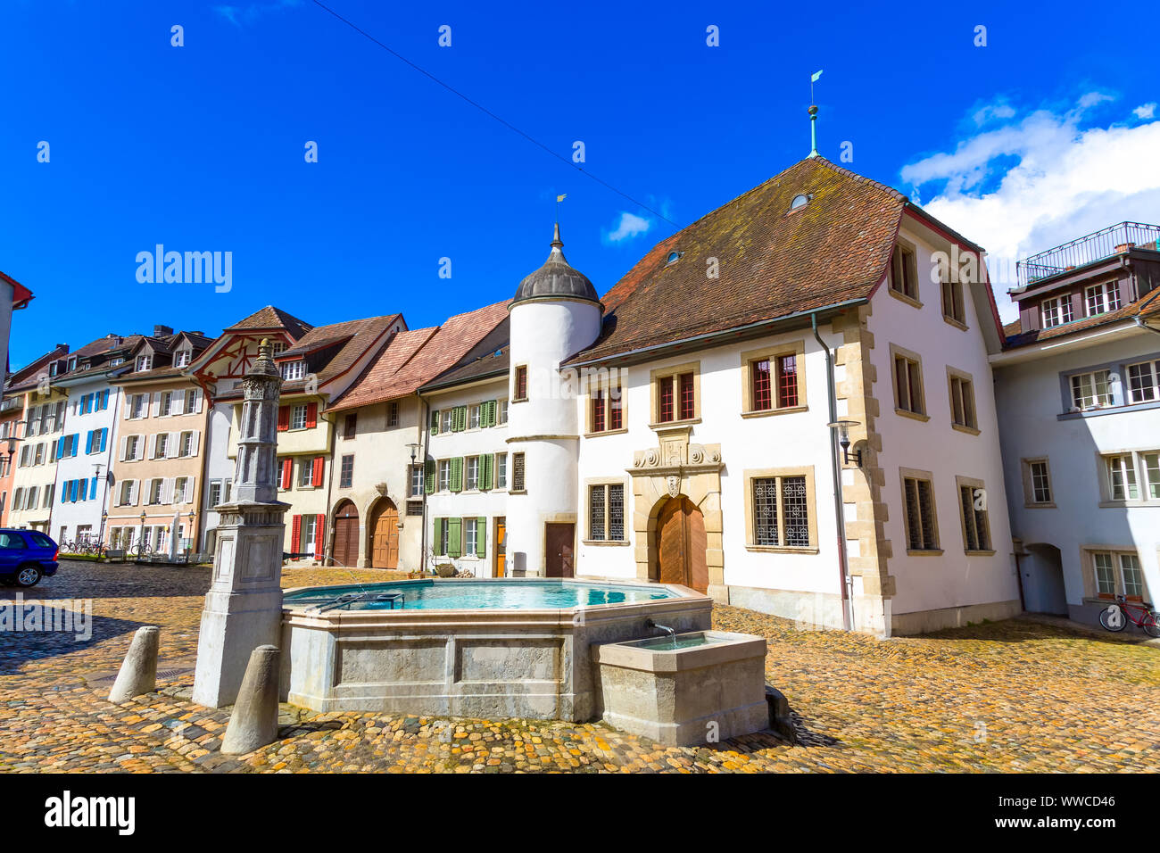Old town buildings and fountain in Brugg town, Canton Aargau in Switzerland Stock Photo