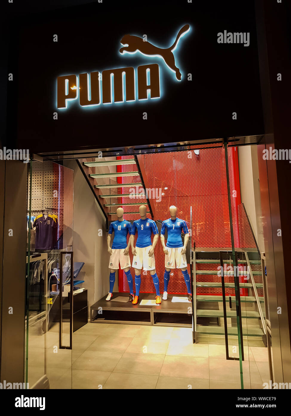 FLORENCE, ITALY - SEPTEMBER 18, 2016: Detail of the Puma store in Florence,  Italy. It is European multinational company for forathletic and casual foo  Stock Photo - Alamy