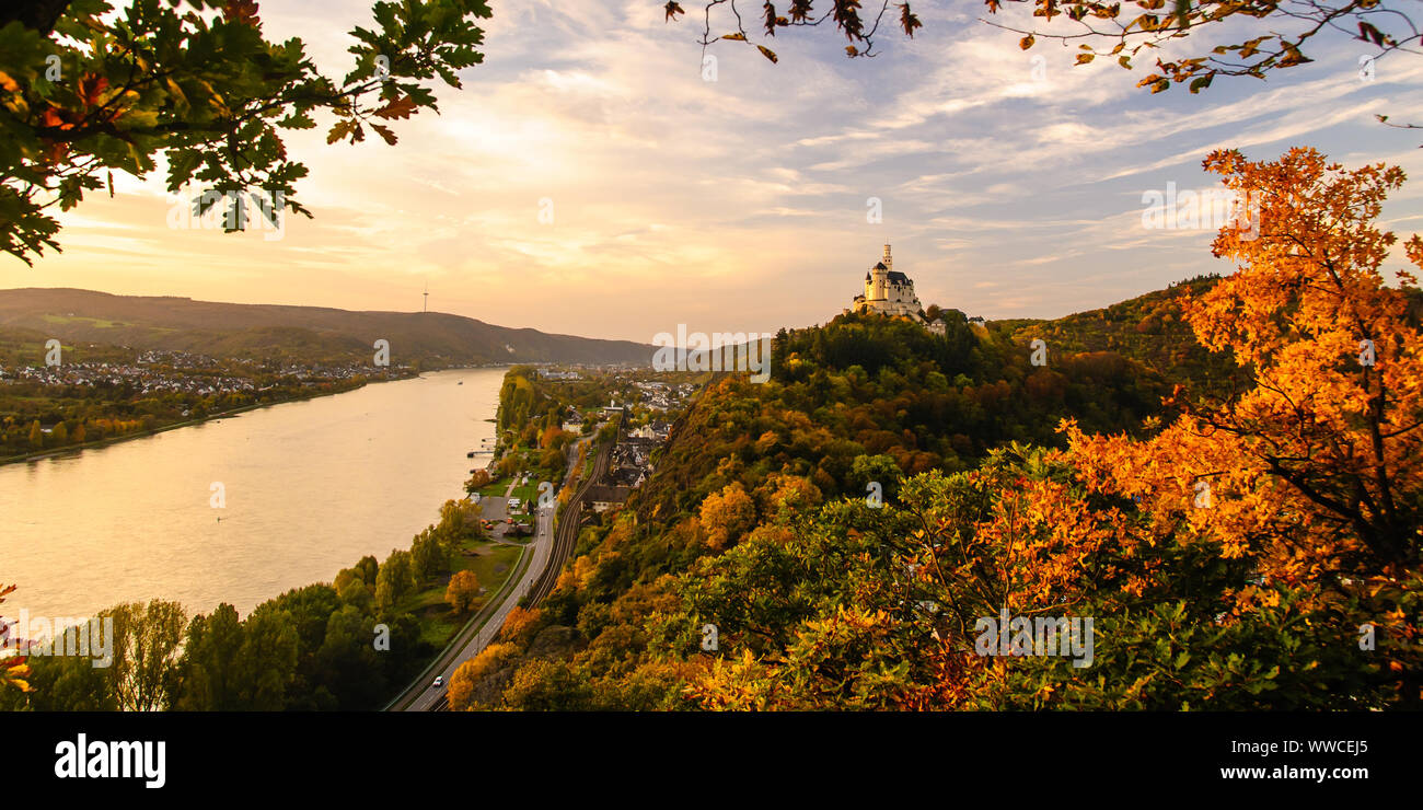 Marksburg castle at sunset in autumn, braubach, rhine, germany, world-culture-heritage Stock Photo