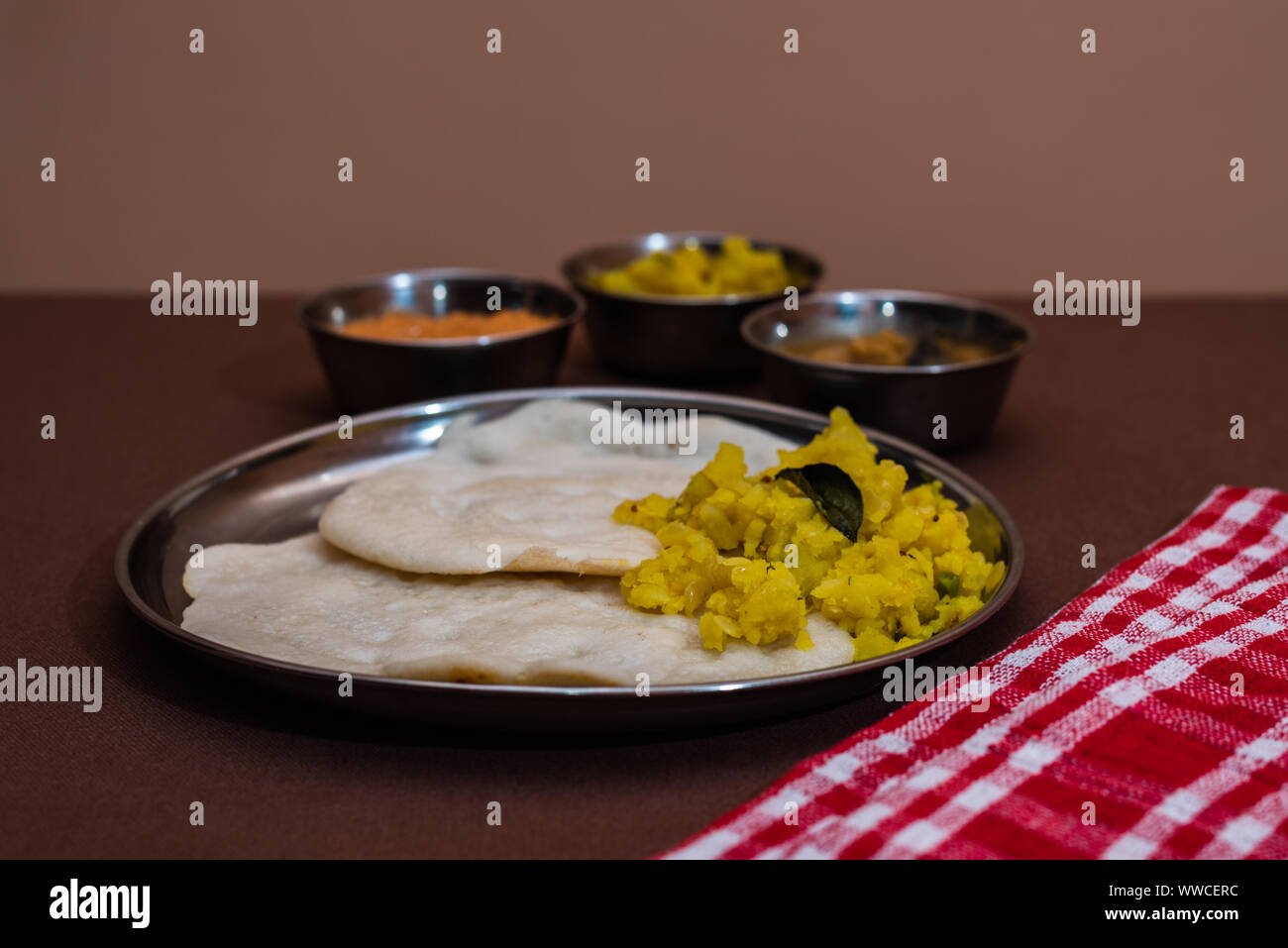 South Indian breakfast Set Dosa with sambar, chutney and aloo baji Stock Photo Alamy